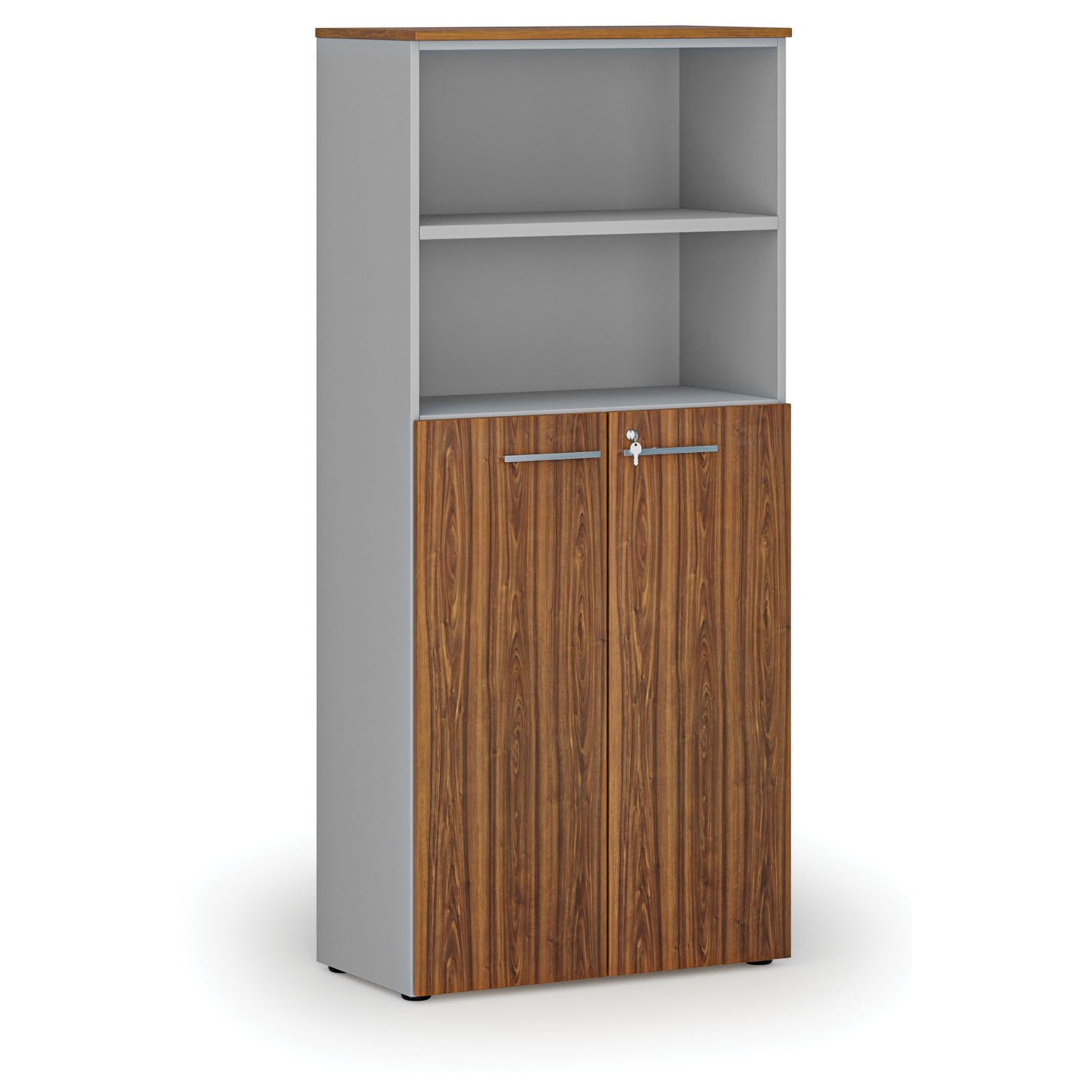 Szafa biurowa kombinowana PRIMA GRAY, drzwi na 3 poziomach, 800 x 420 x 1781 mm, szary/orzech