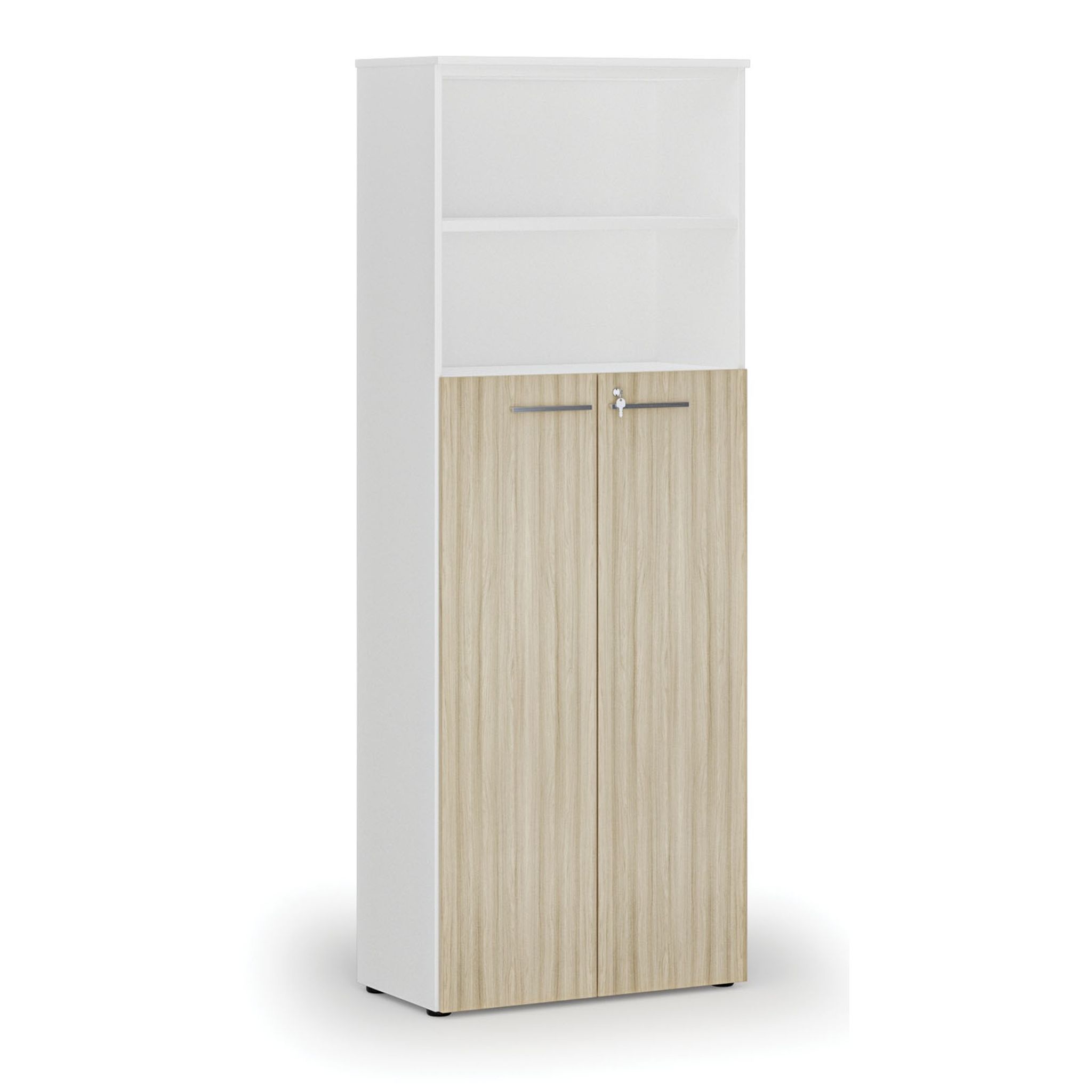Szafa biurowa kombinowana PRIMA WHITE, drzwi na 4 poziomach, 2128 x 800 x 420 mm, biały/dąb naturalny
