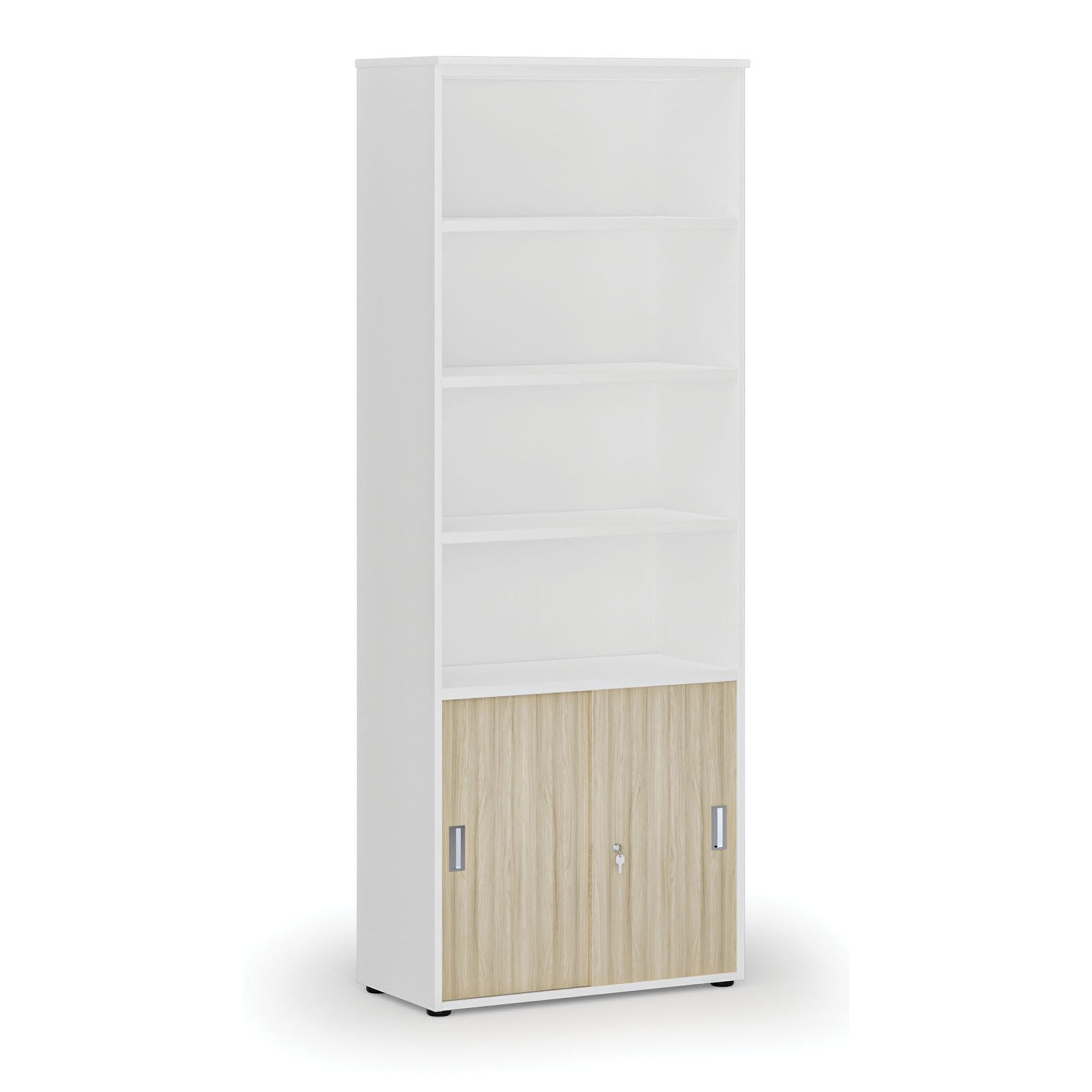 Szafa biurowa kombinowana PRIMA WHITE, drzwi przesuwne na 2 poziomach, 2128 x 800 x 420 mm, biały/dąb naturalny