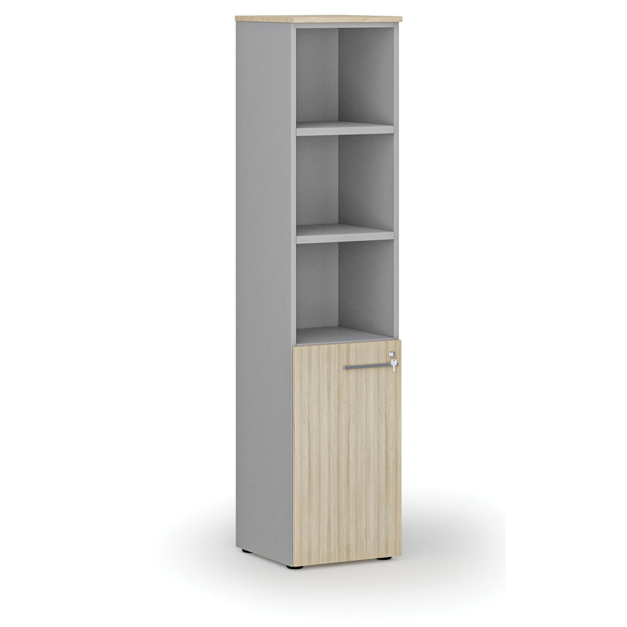 Szafa biurowa kombinowana PRIMO GRAY, drzwi na 2 poziomach, 400 x 420 x 1781 mm, szary/dąb naturalny