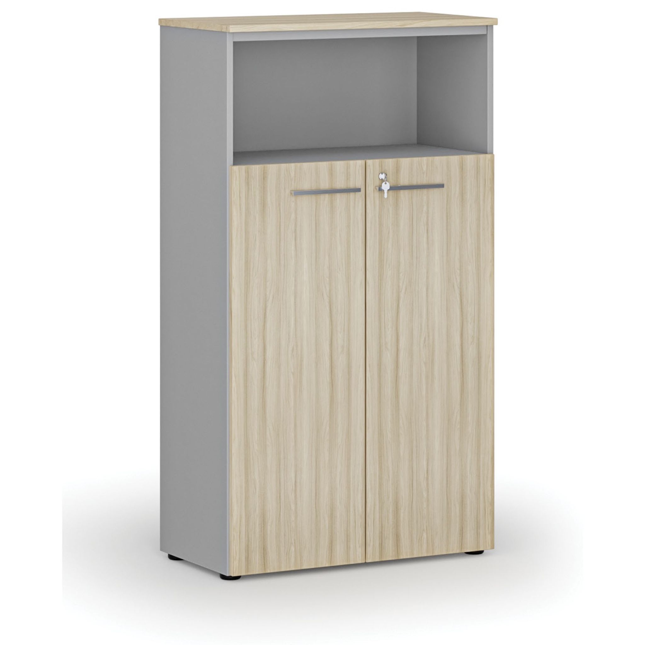 Szafa biurowa kombinowana PRIMO GRAY, drzwi na 3 poziomach, 800 x 420 x 1434 mm, szary/dąb naturalny