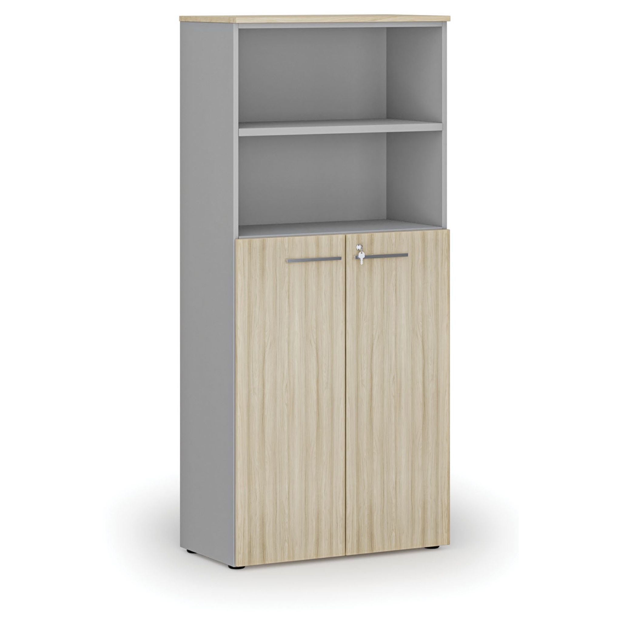 Szafa biurowa kombinowana PRIMO GRAY, drzwi na 3 poziomach, 800 x 420 x 1781 mm, szary/dąb naturalny