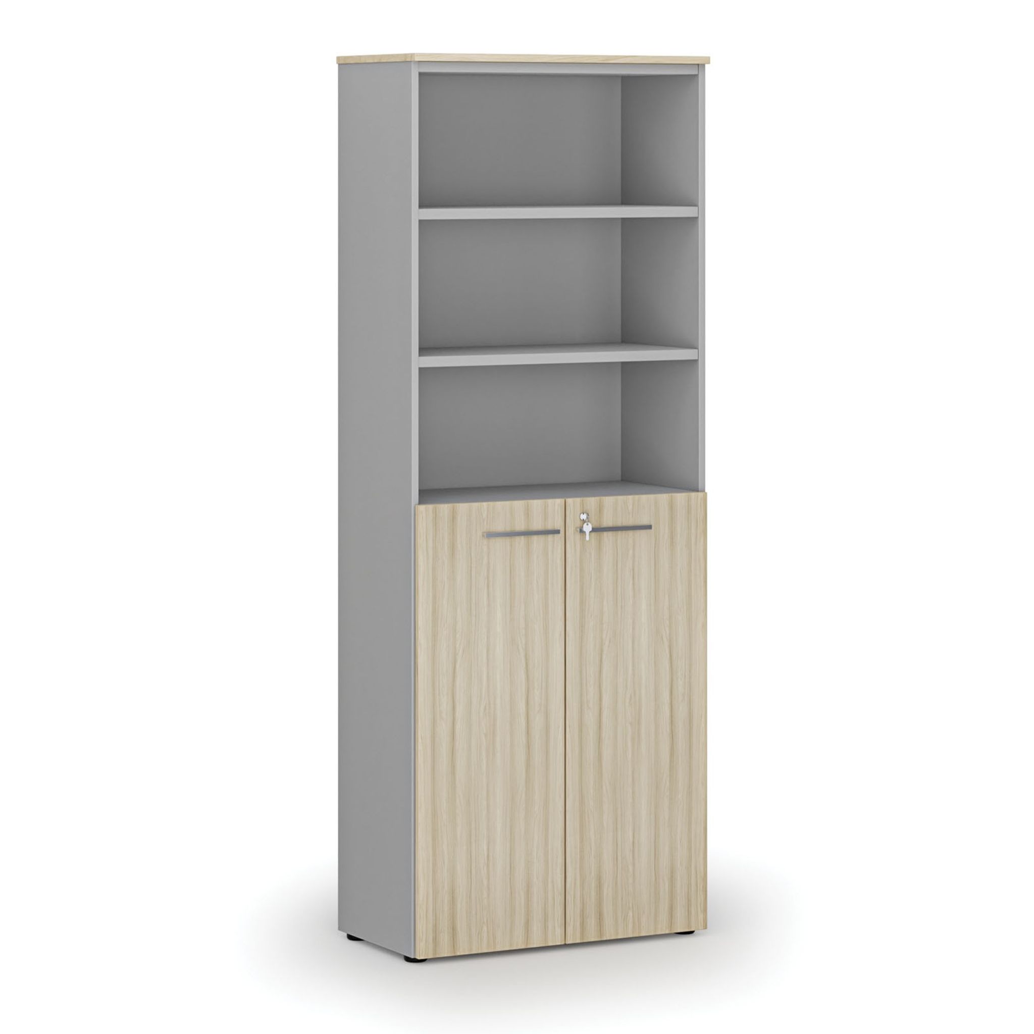 Szafa biurowa kombinowana PRIMO GRAY, drzwi na 3 poziomach, 800 x 420 x 2128 mm, szary/dąb naturalny