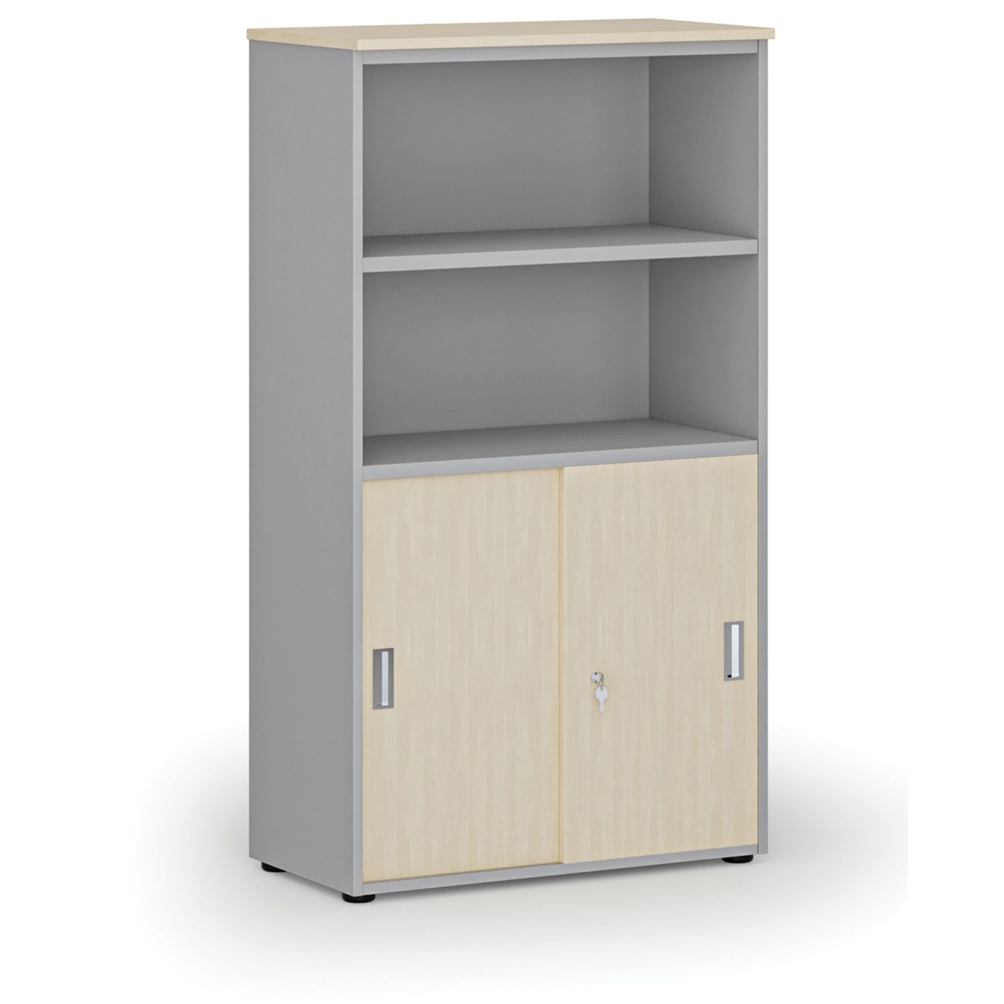 Szafa biurowa kombinowana PRIMO GRAY, drzwi przesuwne na 2 poziomach, 1434 x 800 x 420 mm, szary/brzoza
