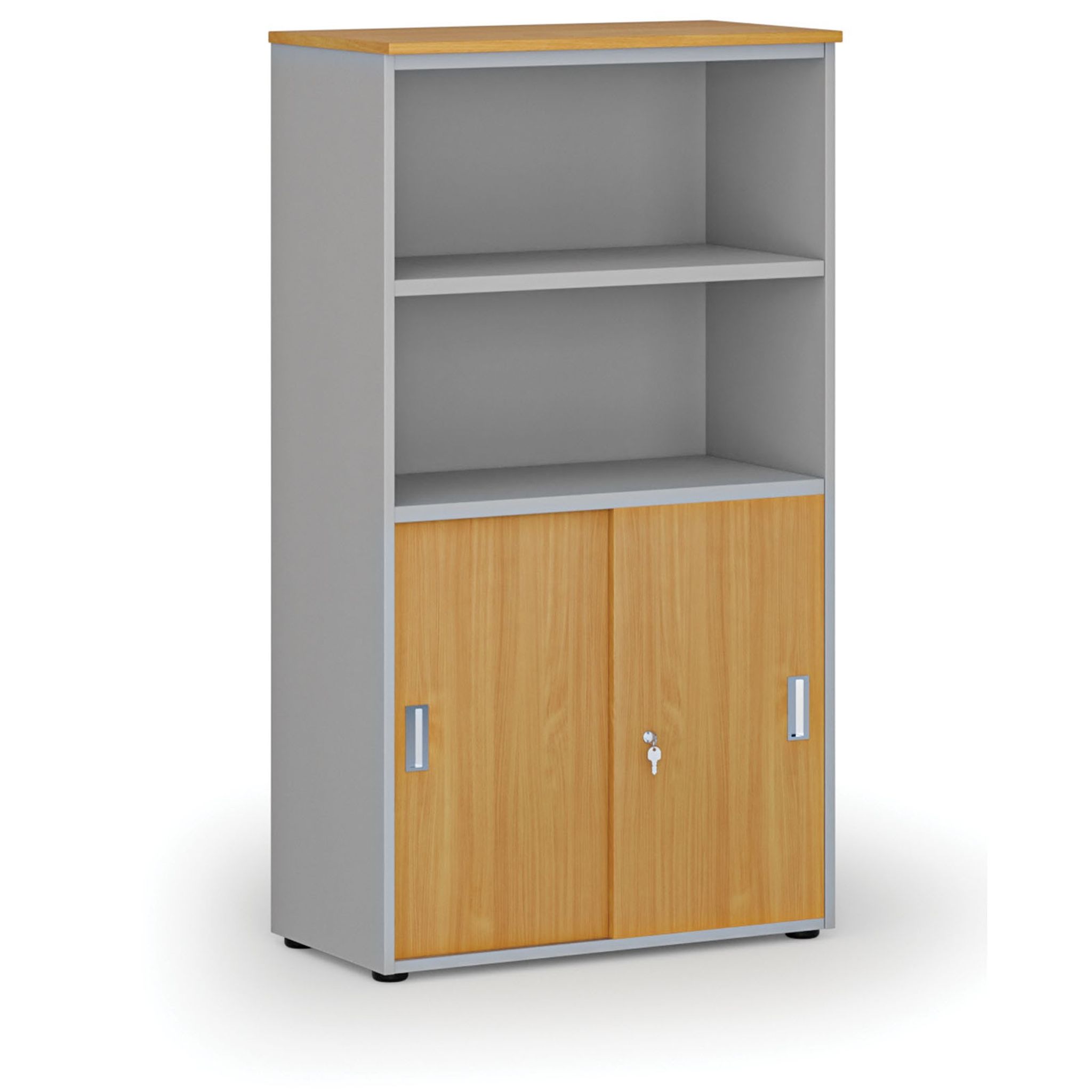 Szafa biurowa kombinowana PRIMO GRAY, drzwi przesuwne na 2 poziomach, 1434 x 800 x 420 mm, szary/buk