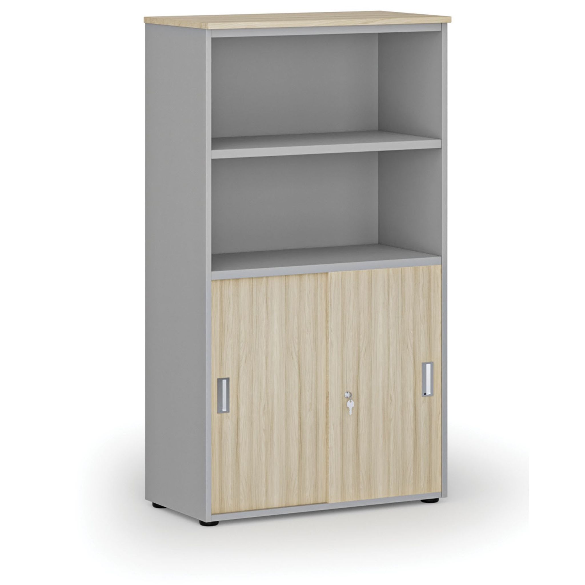 Szafa biurowa kombinowana PRIMO GRAY, drzwi przesuwne na 2 poziomach, 1434 x 800 x 420 mm, szary/dąb naturalny
