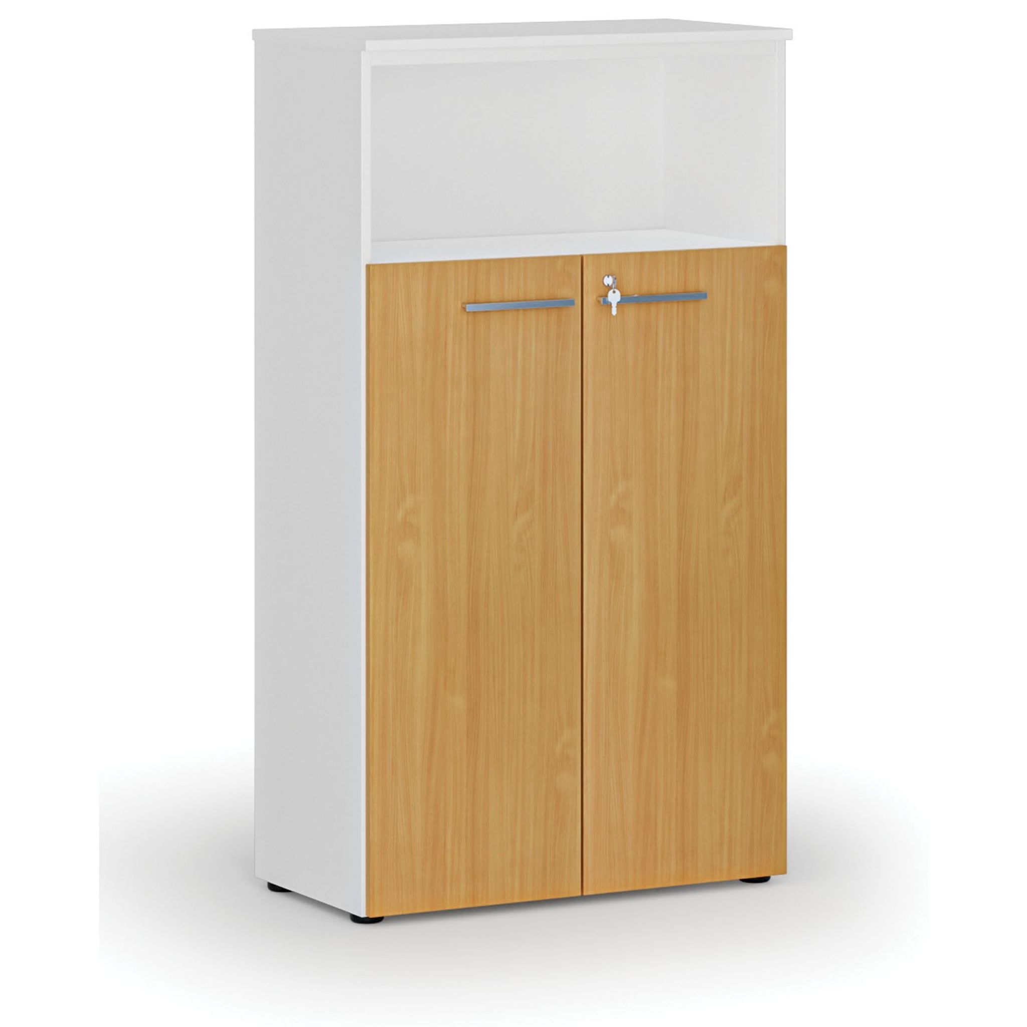 Szafa biurowa kombinowana PRIMO WHITE, drzwi na 3 poziomach, 1434 x 800 x 420 mm, biały/buk