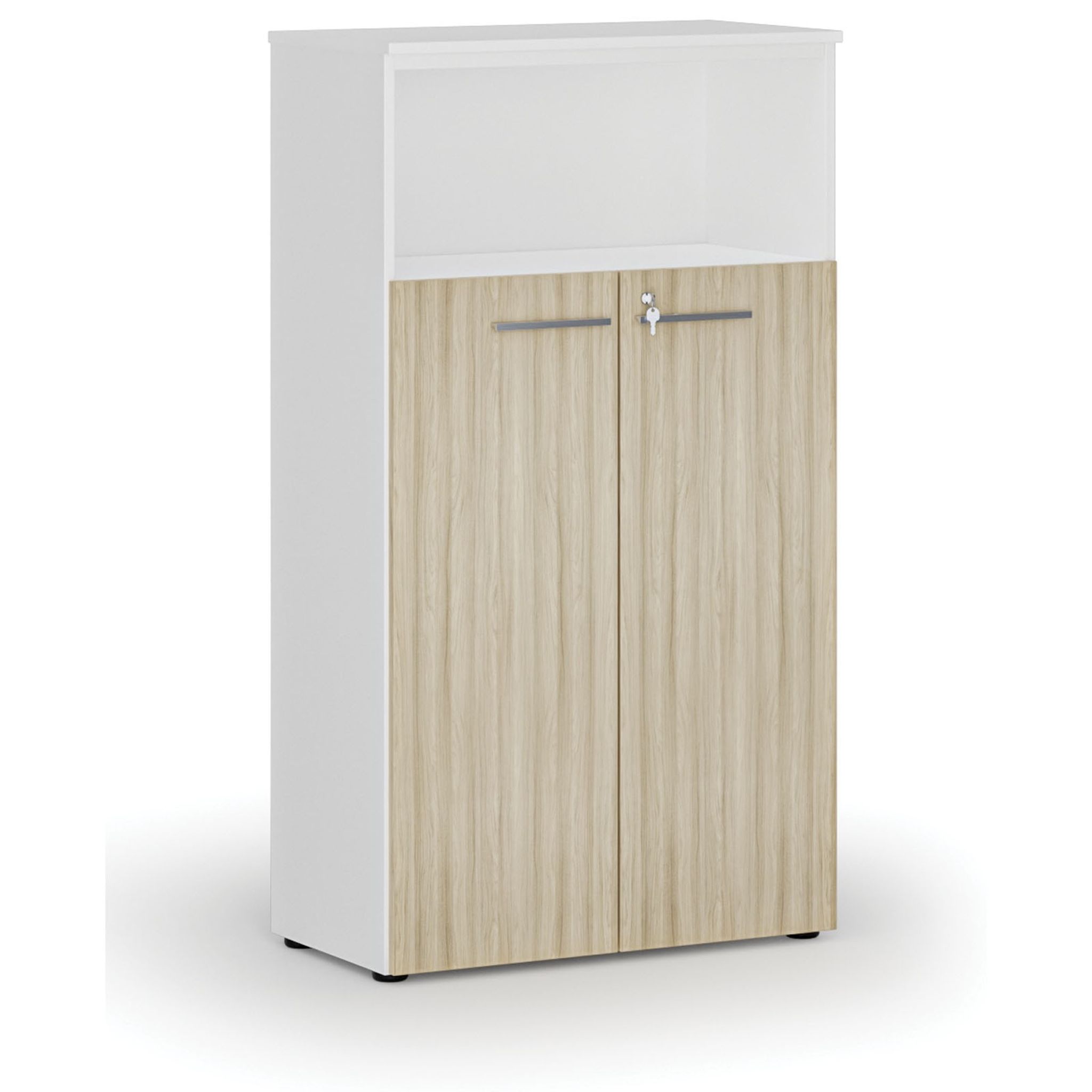 Szafa biurowa kombinowana PRIMO WHITE, drzwi na 3 poziomach, 1434 x 800 x 420 mm, biały/dąb naturalny
