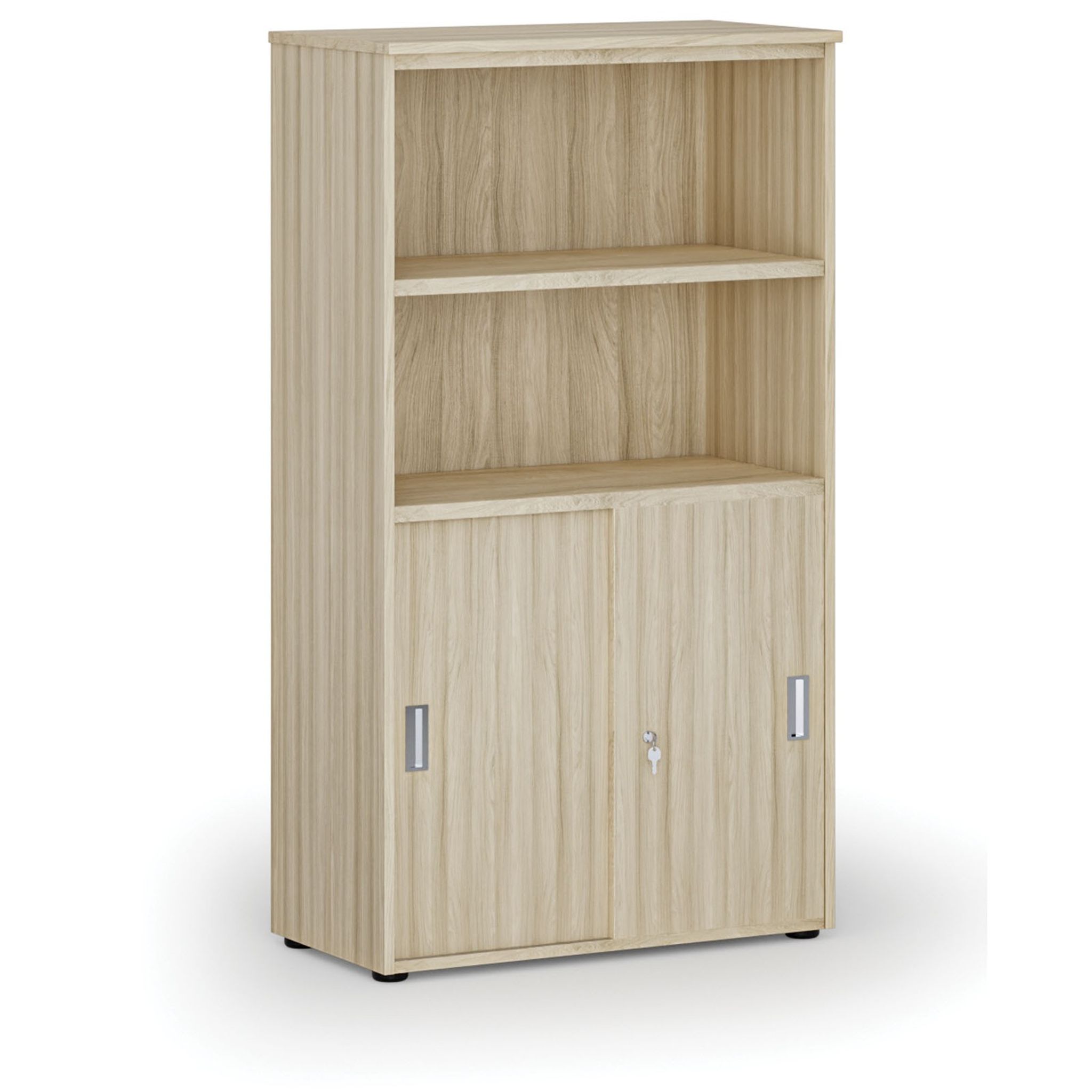 Szafa biurowa kombinowana PRIMO WOOD, drzwi przesuwne na 2 poziomach, 1434 x 800 x 420 mm, dąb naturalny