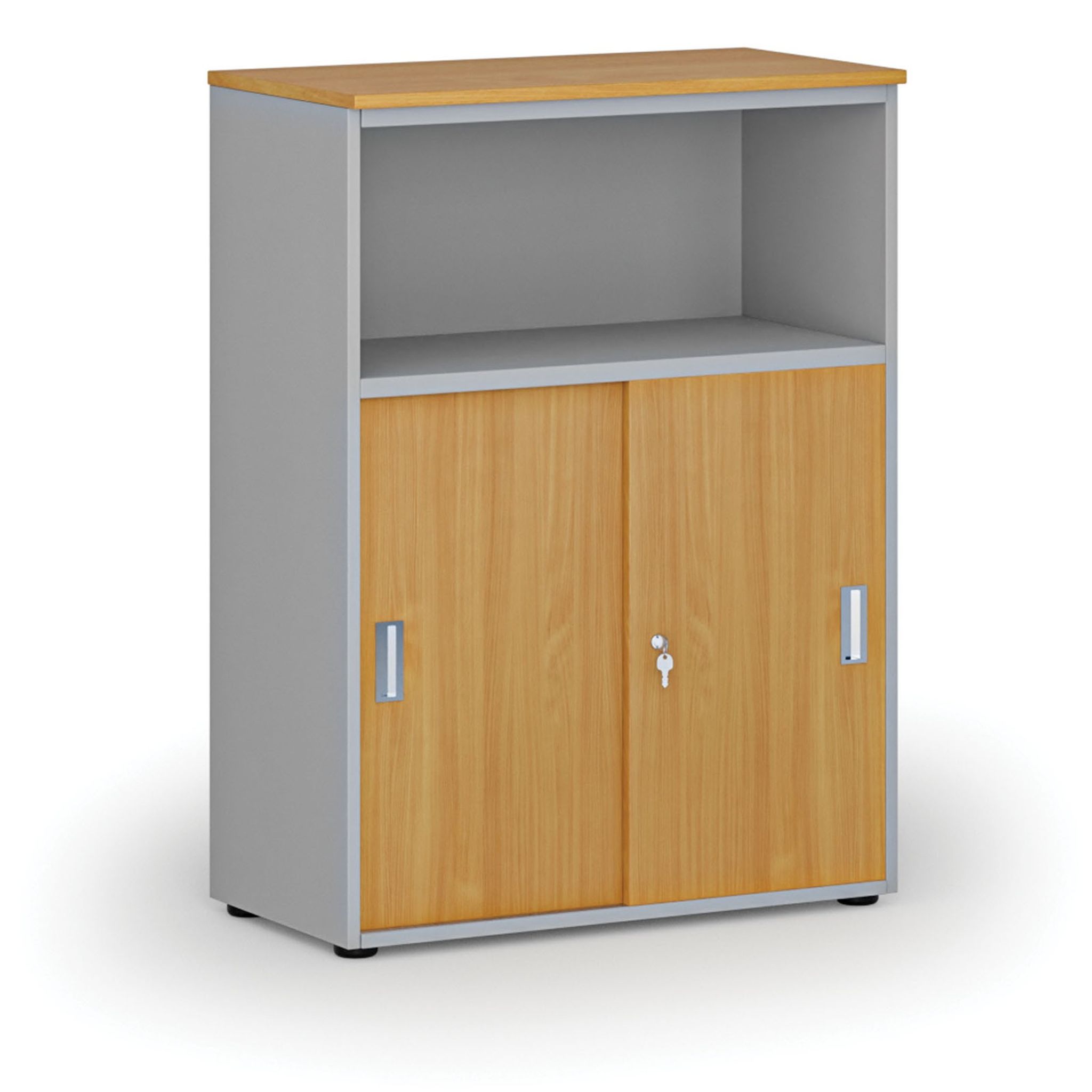 Szafa biurowa kombinowana z drzwiami przesuwnymi PRIMO GRAY, 800 x 420 x 1087 mm, szary/buk