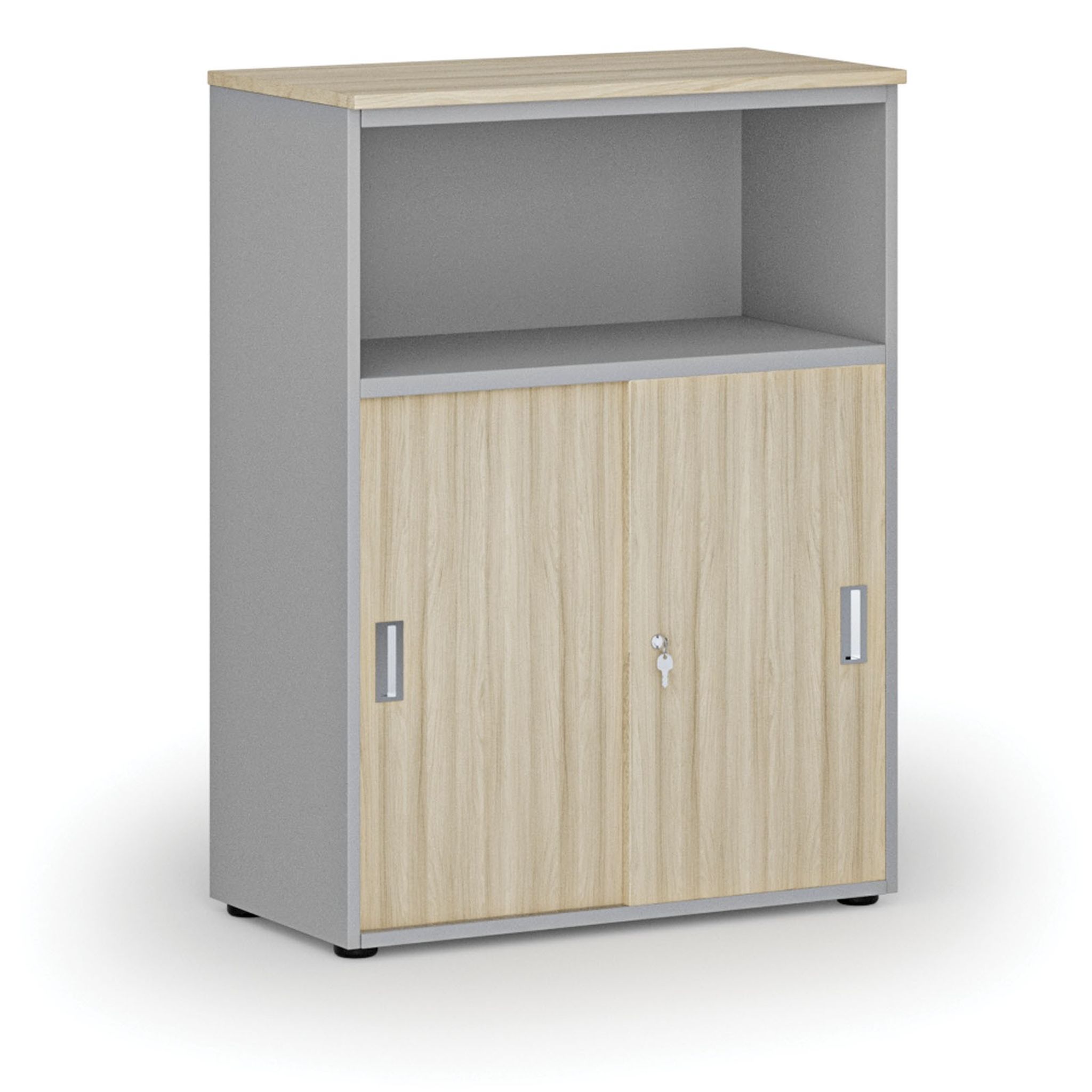 Szafa biurowa kombinowana z drzwiami przesuwnymi PRIMO GRAY, 800 x 420 x 1087 mm, szary/dąb naturalny