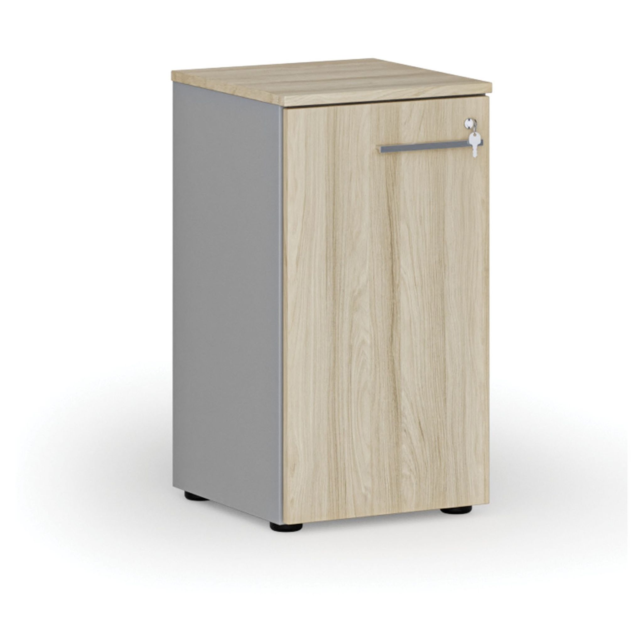 Szafa biurowa niska z drzwiami PRIMO GRAY, 400 x 420 x 740 mm, szary/dąb naturalny