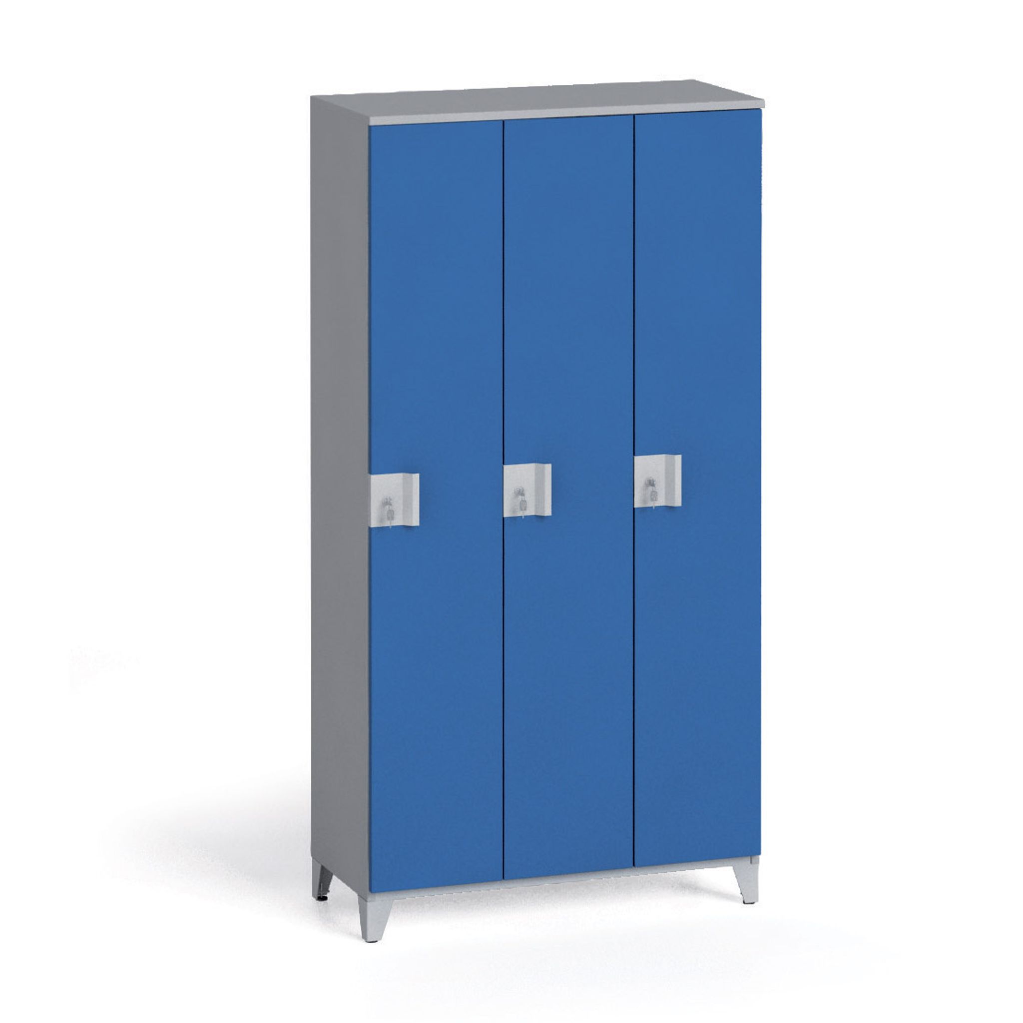 Szafa ubraniowa, 3-drzwiowa, 1750 x 900 x 400 mm, zamek obrotowy, szary/niebieski