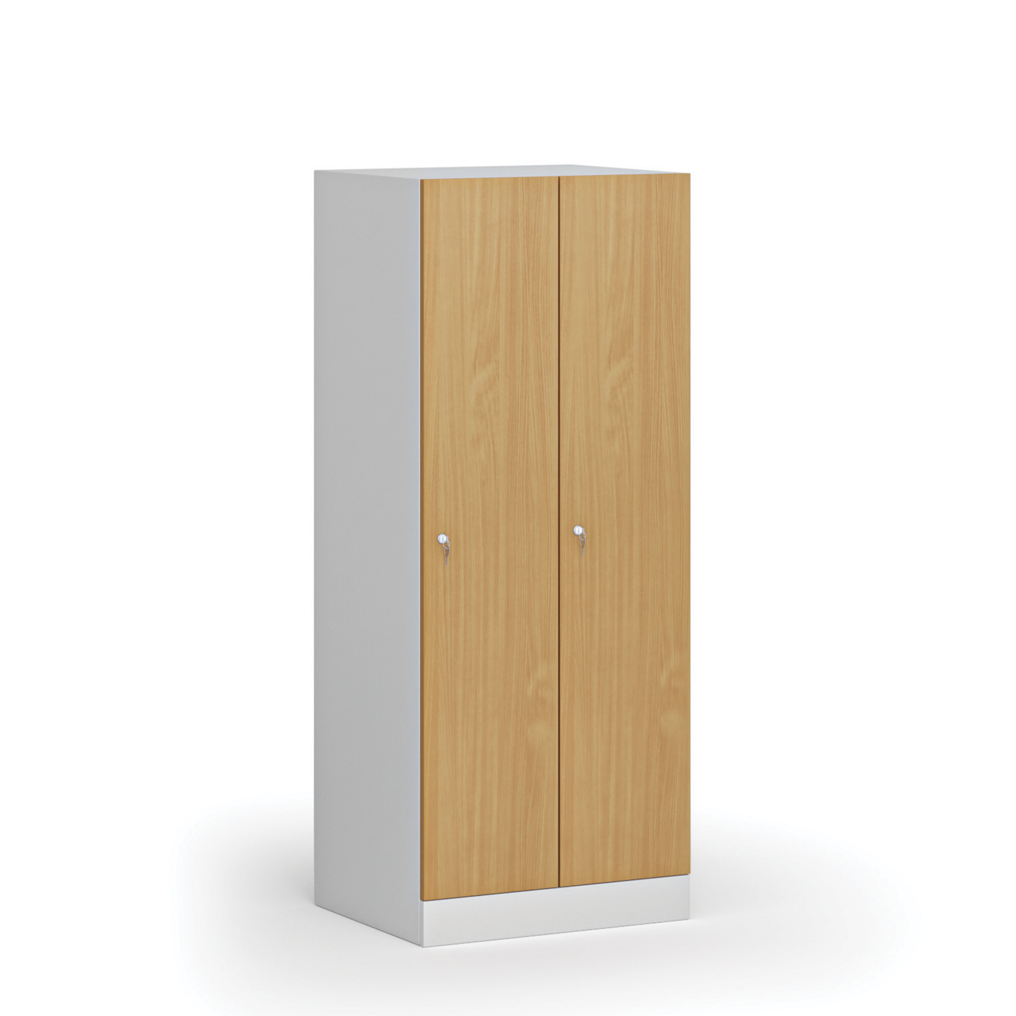 Szafa ubraniowa obniżona, 2-drzwiowa, 1500 x 600 x 500 mm, demontaż, zamek cylindryczny, drzwi laminowane, buk