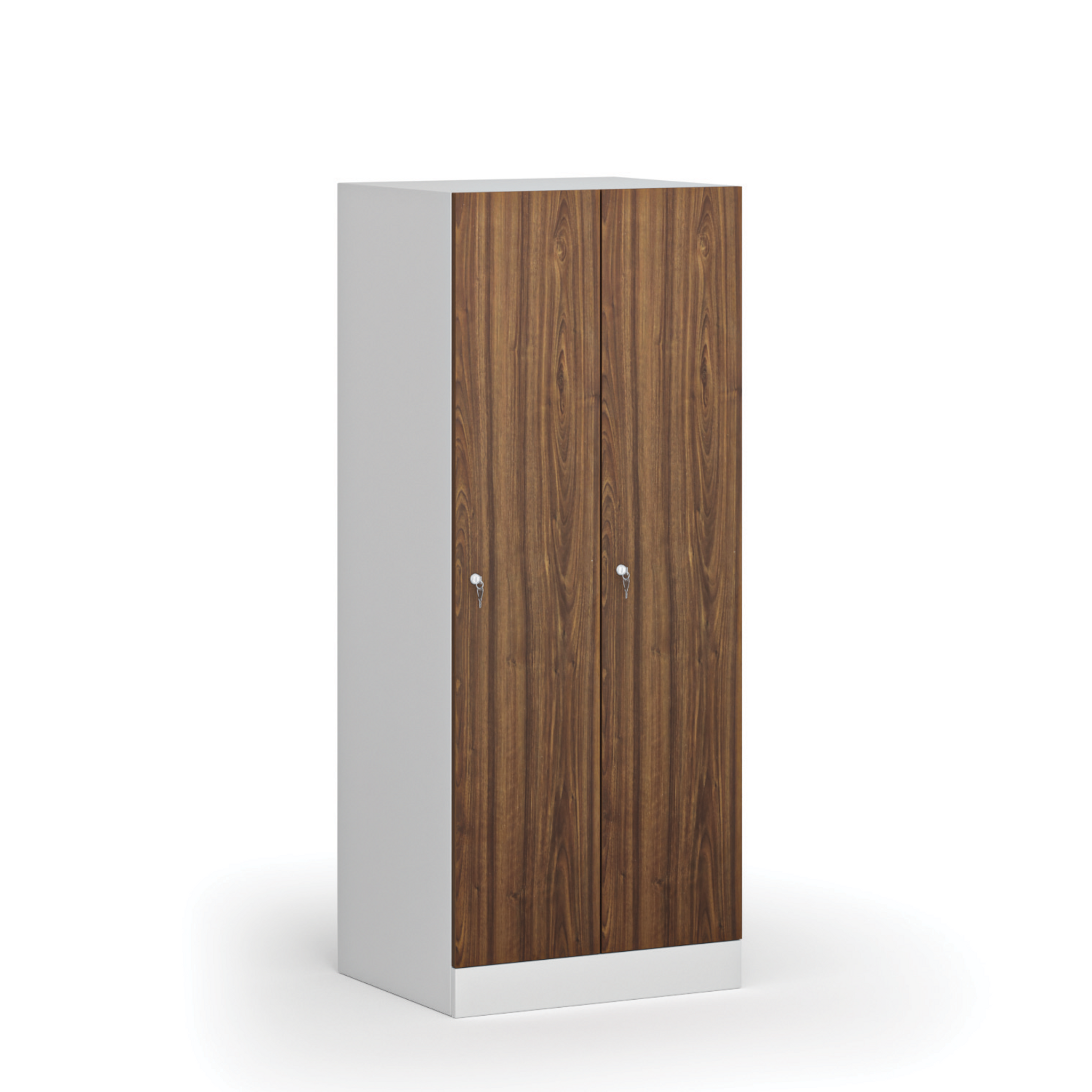 Szafa ubraniowa obniżona, 2-drzwiowa, 1500 x 600 x 500 mm, demontaż, zamek cylindryczny, drzwi laminowane, orzech
