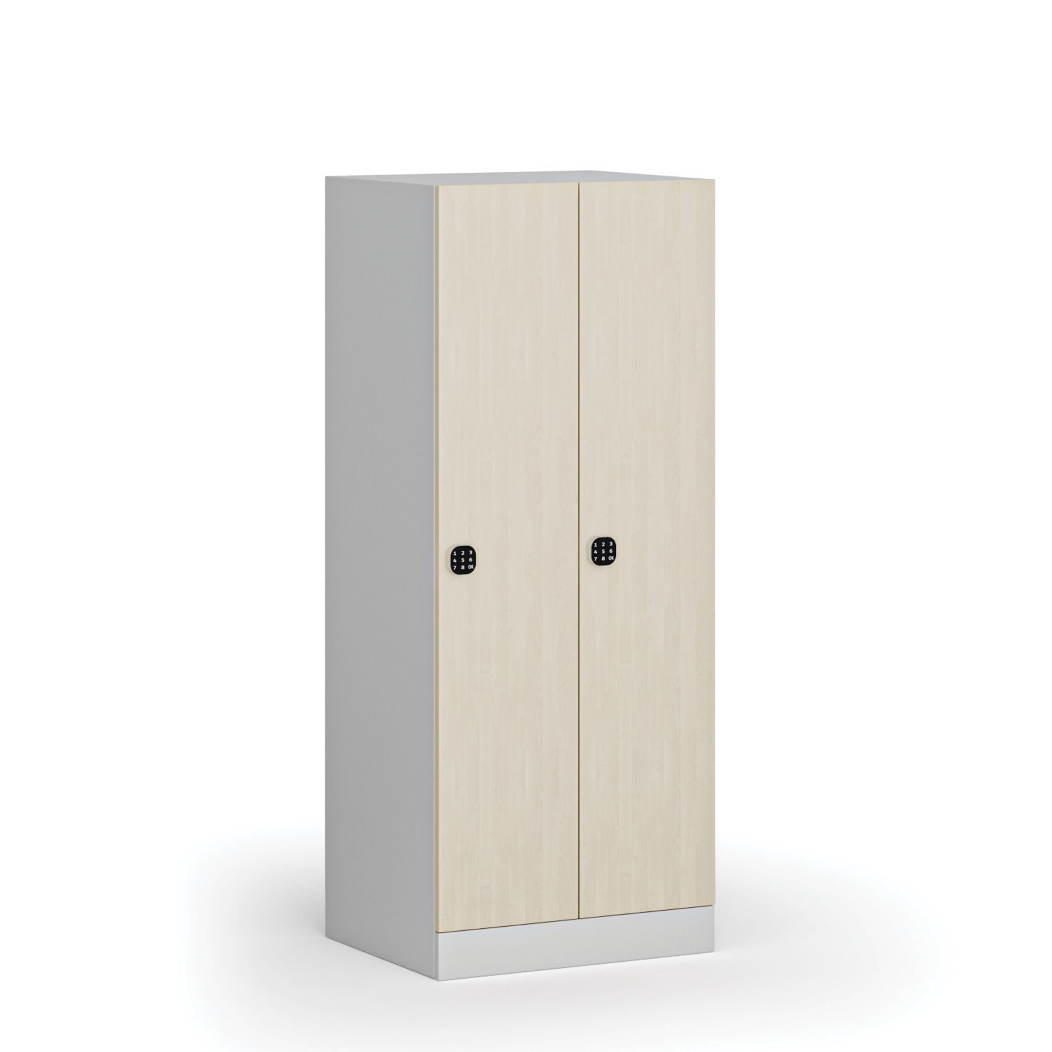 Szafa ubraniowa obniżona 2-drzwiowa, 1500 x 600 x 500 mm, demontaż, zamek kodowy, drzwi laminowane, brzoza