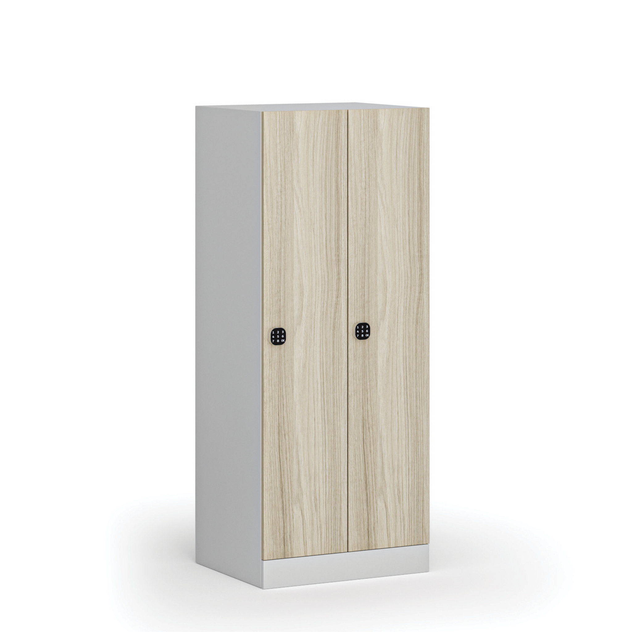 Szafa ubraniowa obniżona 2-drzwiowa, 1500 x 600 x 500 mm, demontaż, zamek kodowy, drzwi laminowane, dąb naturalny