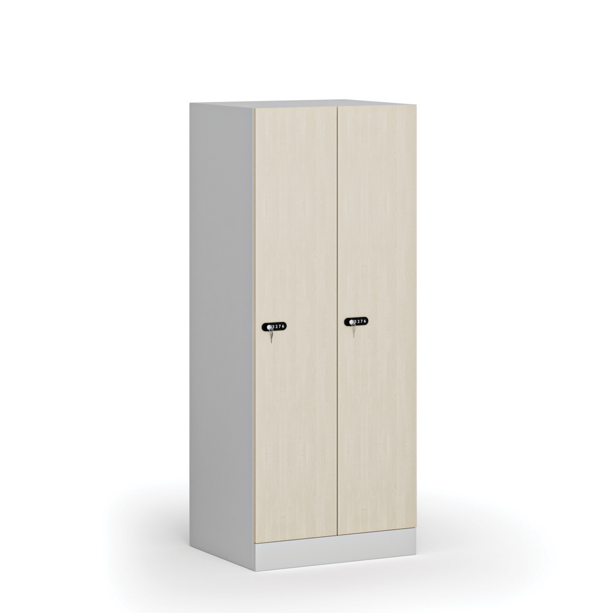 Szafa ubraniowa obniżona 2-drzwiowa, 1500 x 600 x 500 mm, demontaż, zamek mechaniczny z kodem, drzwi laminowane, brzoza