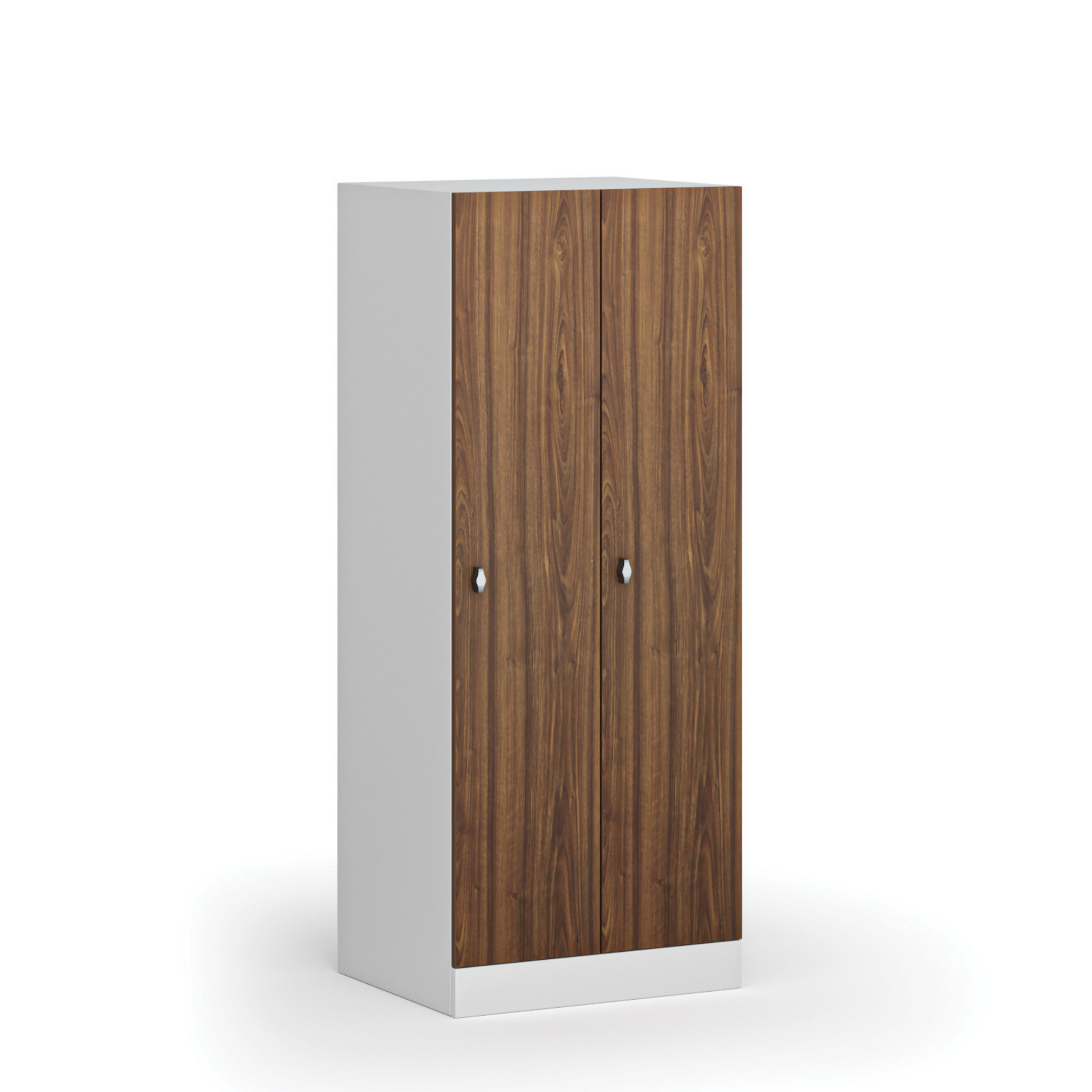 Szafa ubraniowa obniżona, 2-drzwiowa, 1500 x 600 x 500 mm, demontaż, zamek obrotowy, drzwi laminowane, orzech