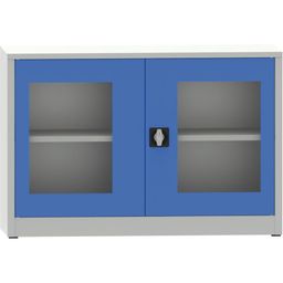 Szafa z półkami spawana ze szklanymi drzwiami, 800 x 1200 x 500 mm, szara/niebieska