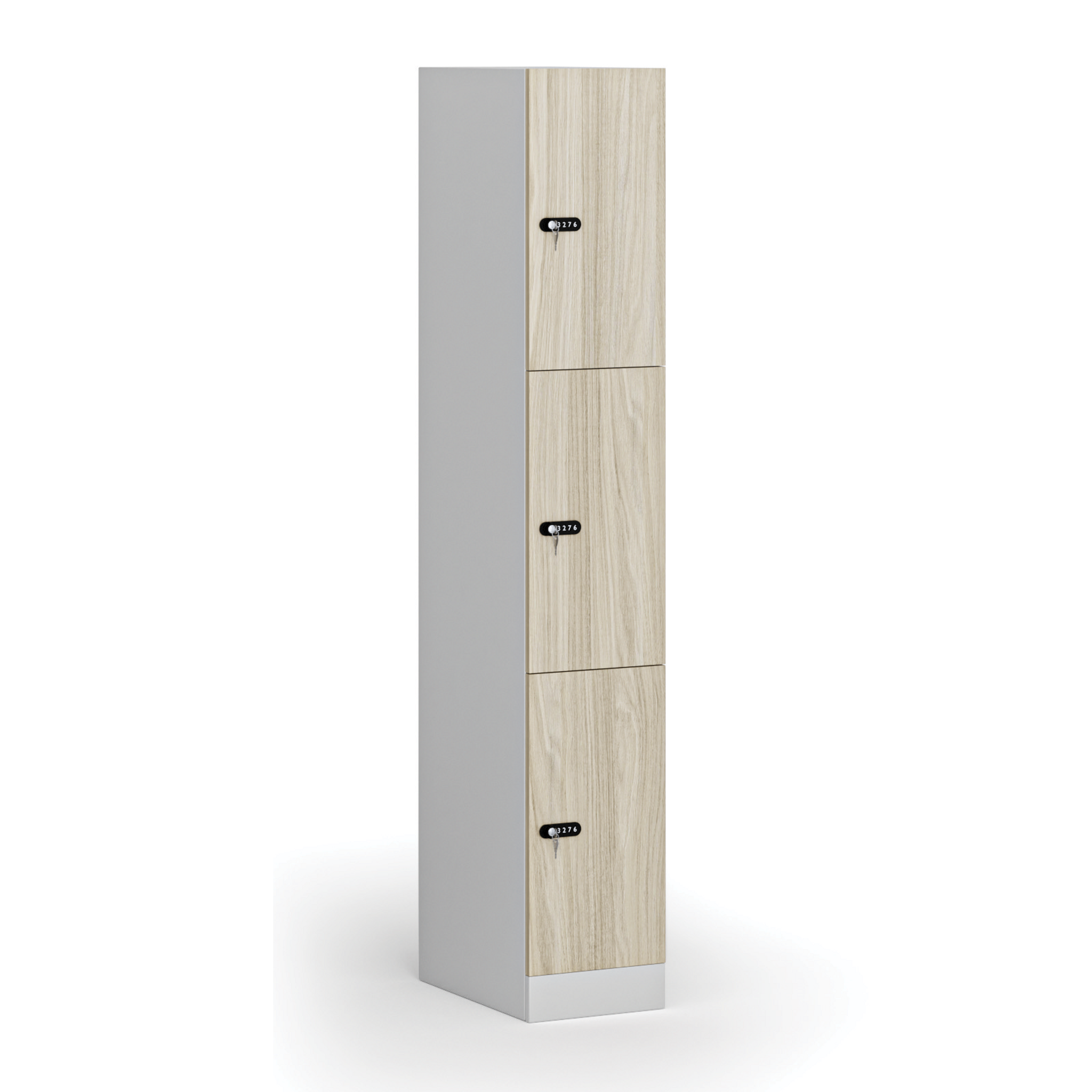 Szafka skrytkowa, 3 schowki, 1850 x 300 x 500 mm, zamek mechaniczny z kodem, drzwi laminowane, dąb naturalny