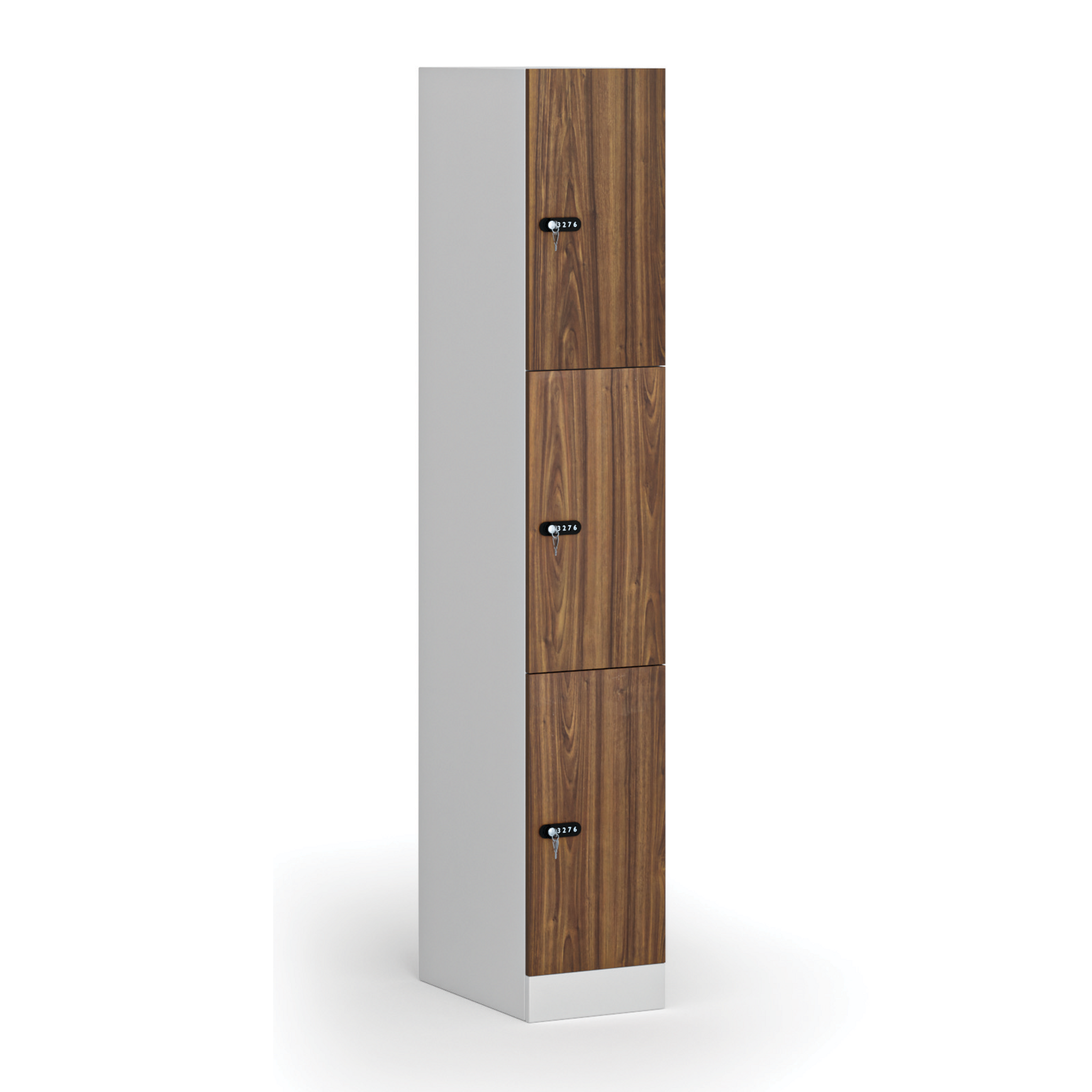 Szafka skrytkowa, 3 schowki, 1850 x 300 x 500 mm, zamek mechaniczny z kodem, drzwi laminowane, orzech