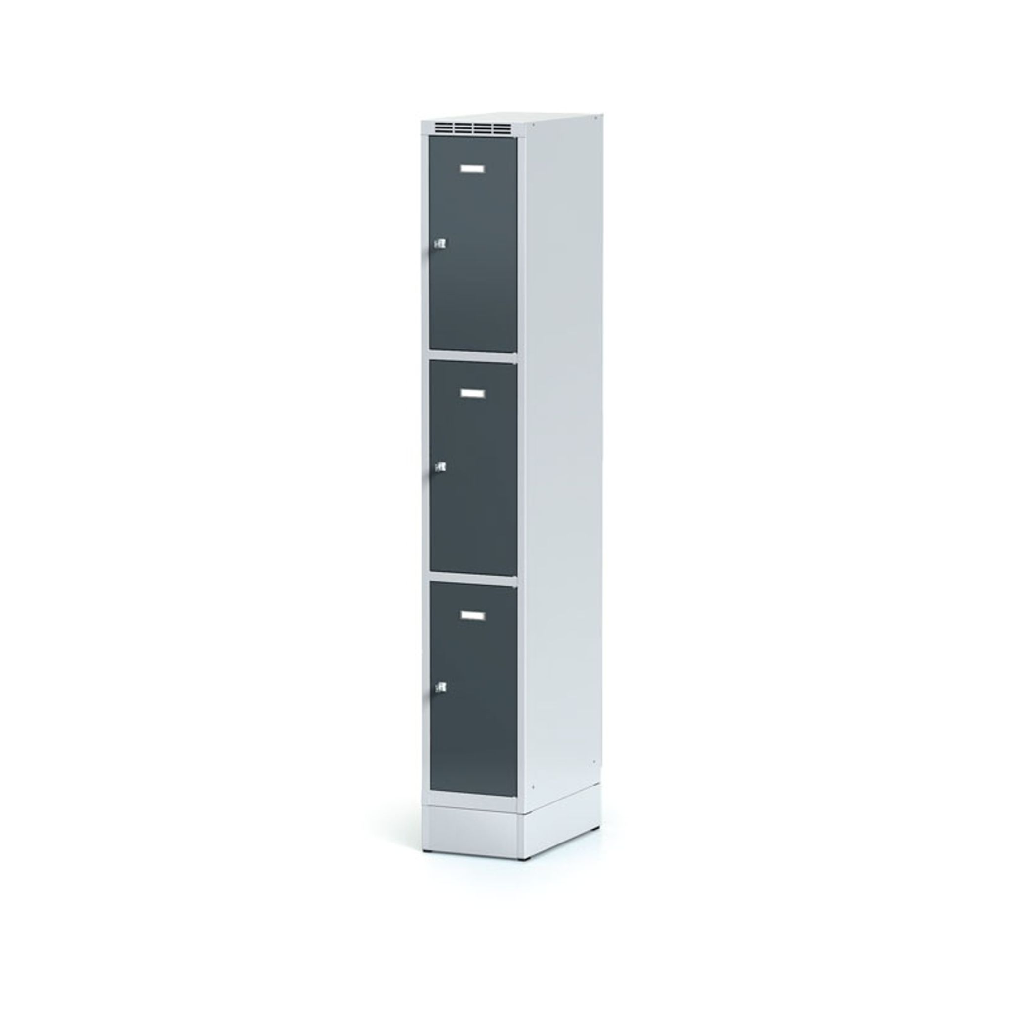 Szafka skrytkowa na cokole, 3 schowki, 1920 x 300 x 500 mm, zamek cylindryczny, drzwi ciemnoszare