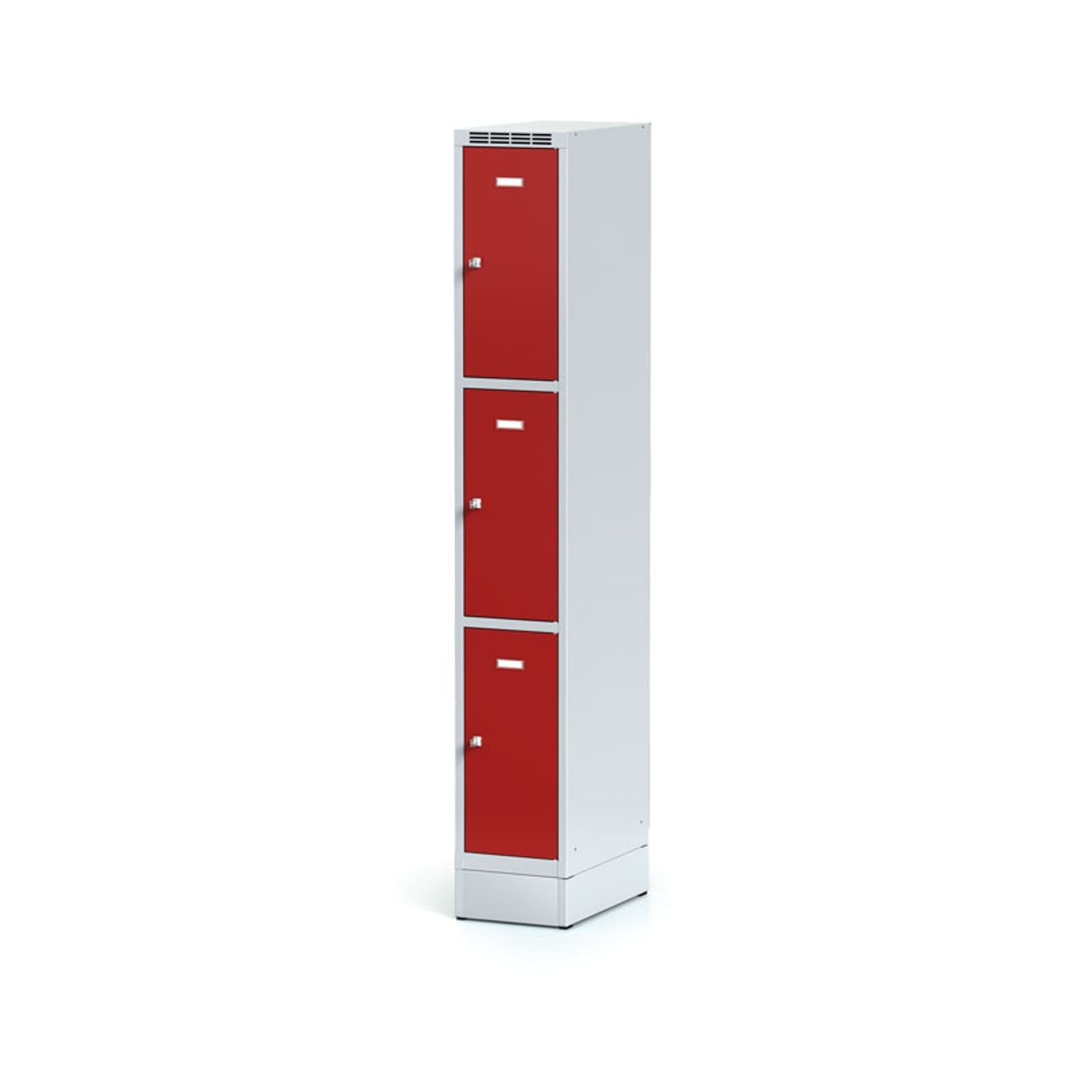 Szafka skrytkowa na cokole, 3 schowki, 1920 x 300 x 500 mm, zamek cylindryczny, drzwi czerwone