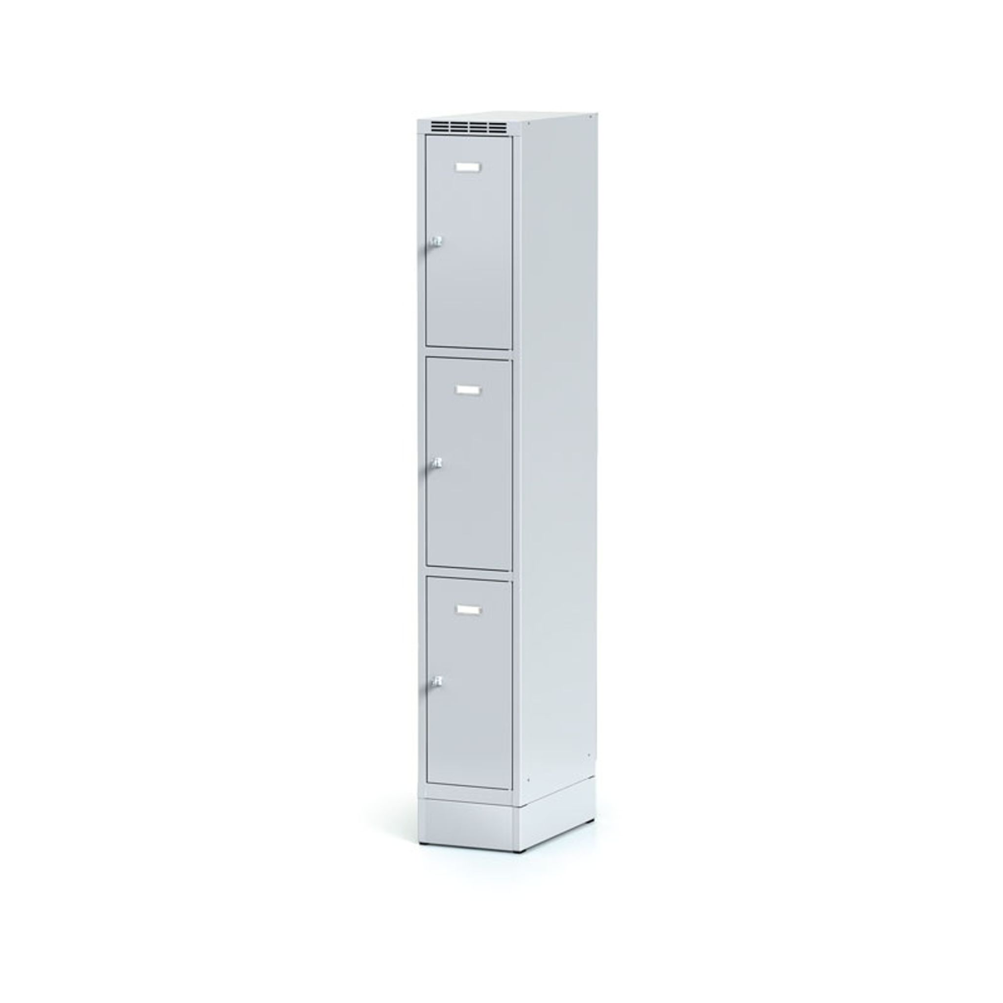 Szafka skrytkowa na cokole, 3 schowki, 1920 x 300 x 500 mm, zamek cylindryczny, drzwi szare