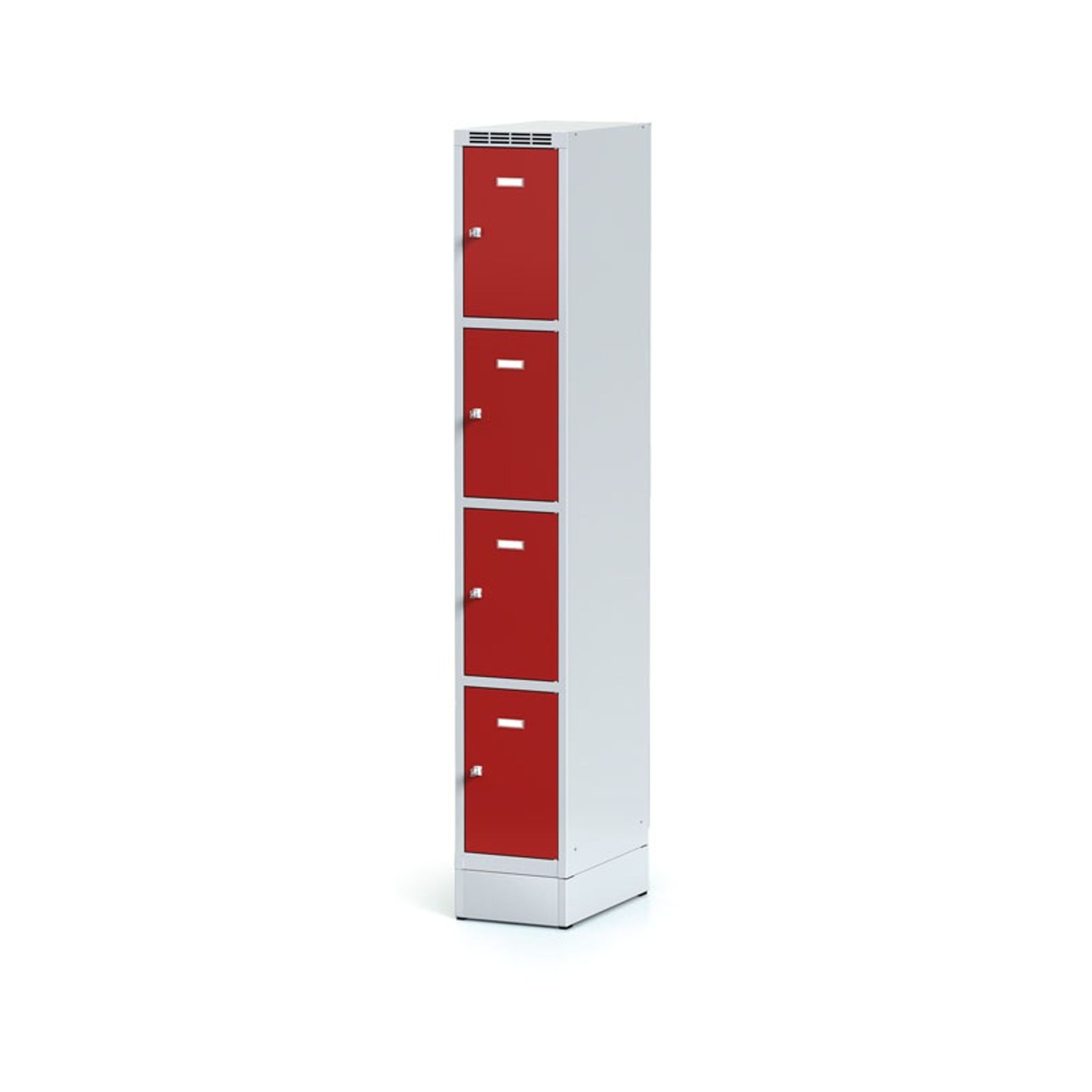 Szafka skrytkowa na cokole, 4 schowki, 1920 x 300 x 500 mm, zamek cylindryczny, drzwi czerwone