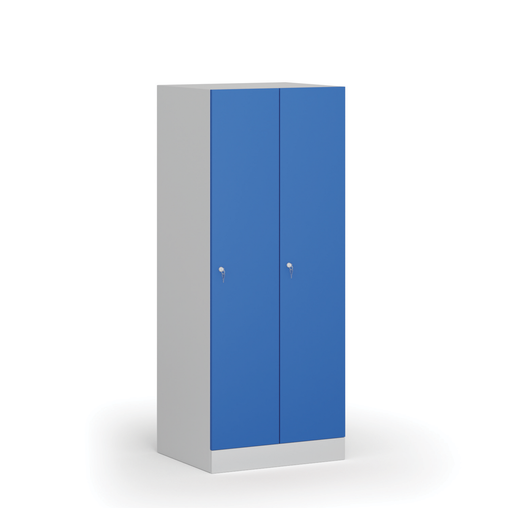 Szafka ubraniowa obniżona, 2-drzwiowa, 1500 x 600 x 500 mm, demontaż, zamek cylindryczny, drzwi niebieskie