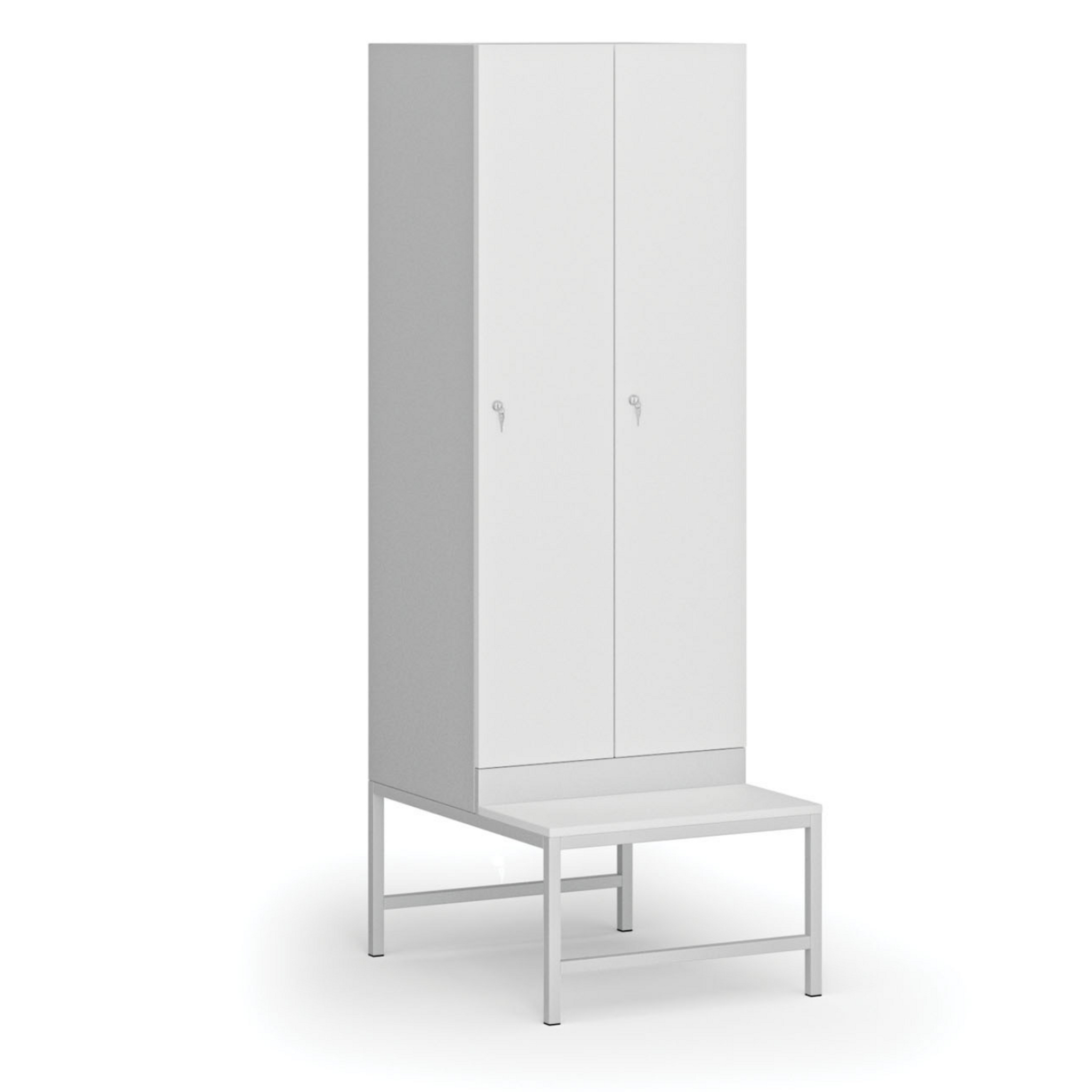 Szafka ubraniowa S1 z ławką, 2-drzwiowa, 1875 x 600 x 500/800 mm, demontaż, zamek cylindryczny, drzwi laminowane, biała