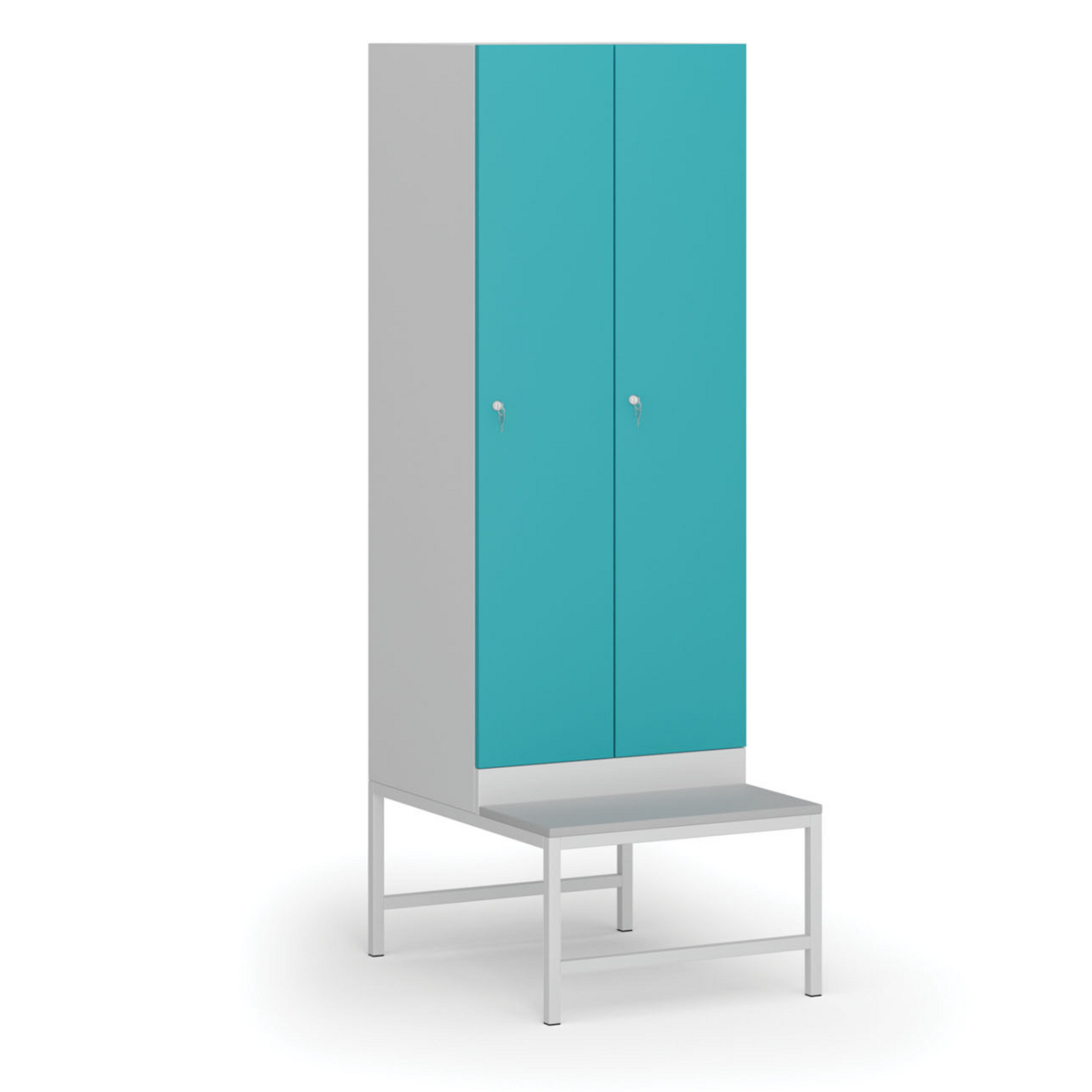 Szafka ubraniowa S1 z ławką, 2-drzwiowa, 1875 x 600 x 500/800 mm, demontaż, zamek cylindryczny, drzwi zielone