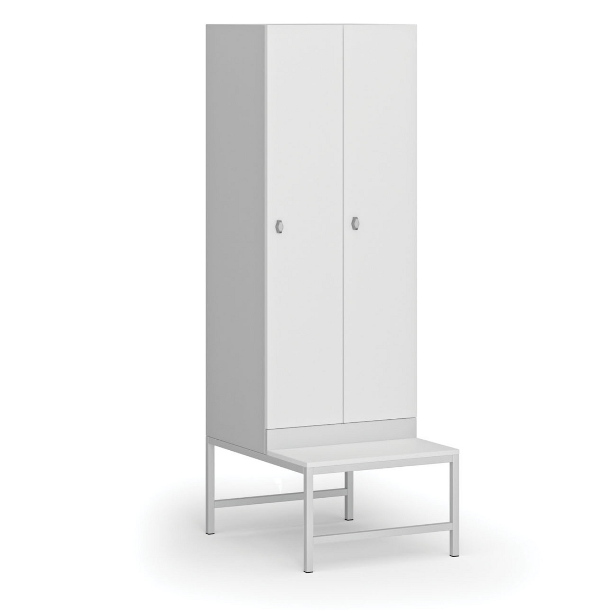 Szafka ubraniowa S1 z ławką, 2-drzwiowa, 1875 x 600 x 500/800 mm, demontaż, zamek obrotowy, drzwi laminowane, biała