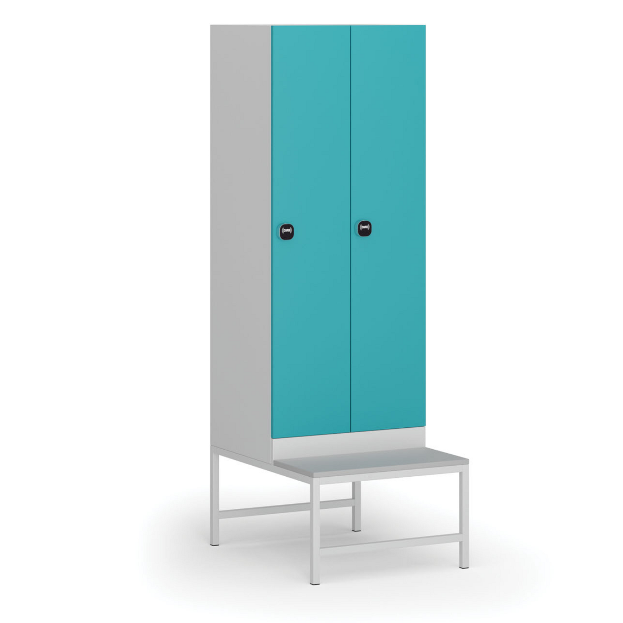 Szafka ubraniowa S1 z ławką, 2-drzwiowa, 1875 x 600 x 500/800 mm, demontaż, zamek RFID, drzwi zielone