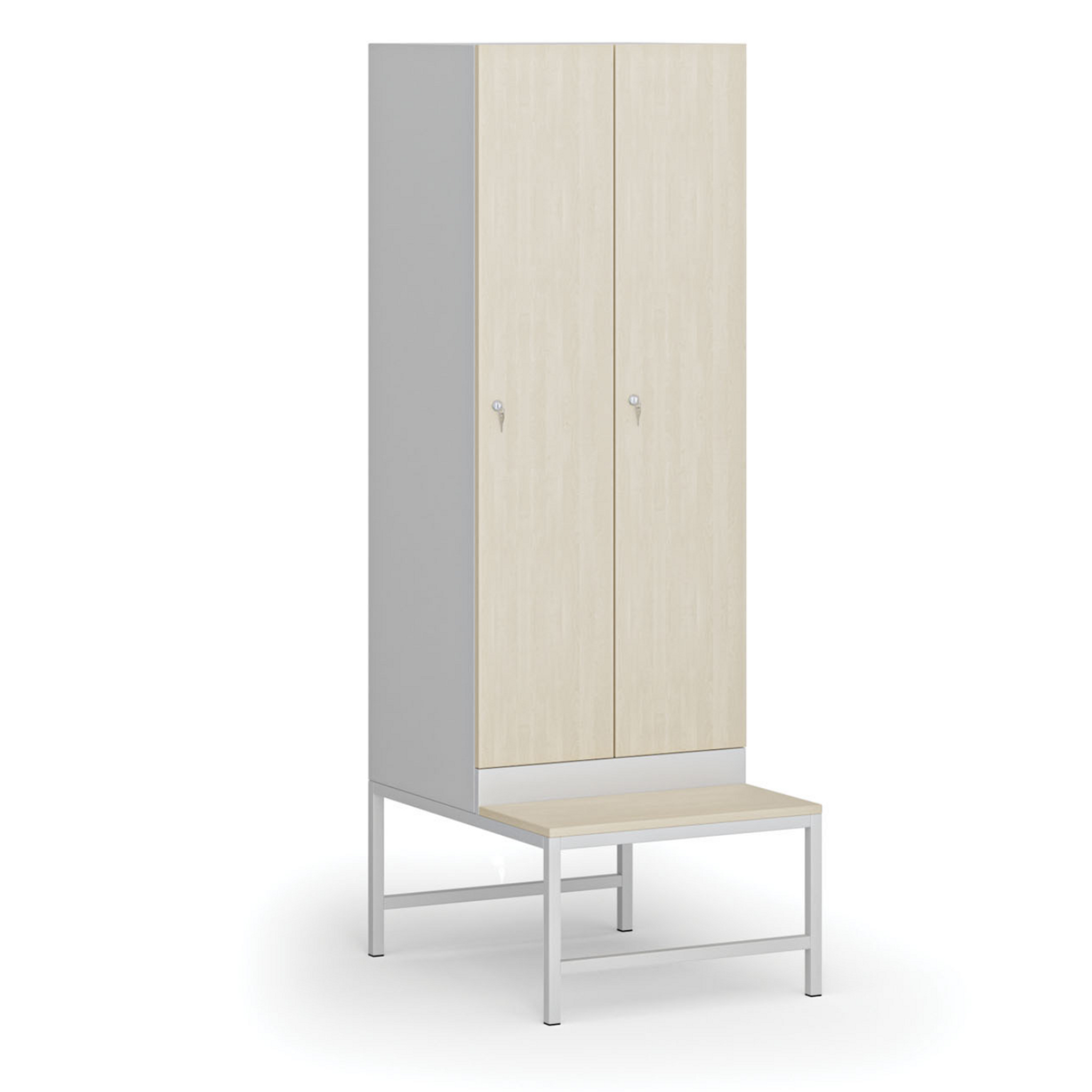 Szafka ubraniowa z ławką, 2-drzwiowa, 1875 x 600 x 500/800 mm, demontaż, zamek cylindryczny, drzwi laminowane