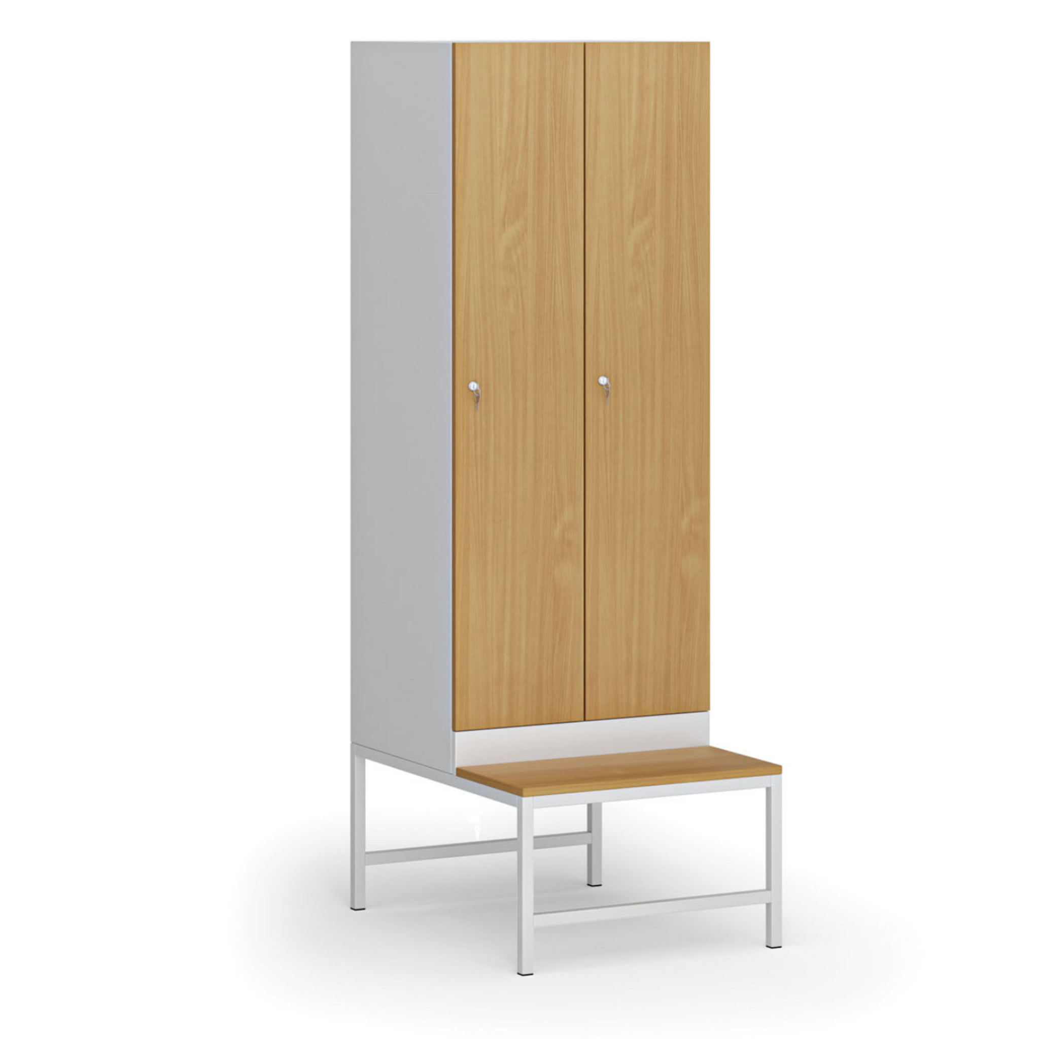 Szafka ubraniowa z ławką, 2-drzwiowa, 1875 x 600 x 500/800 mm, demontaż, zamek cylindryczny, drzwi laminowane, buk