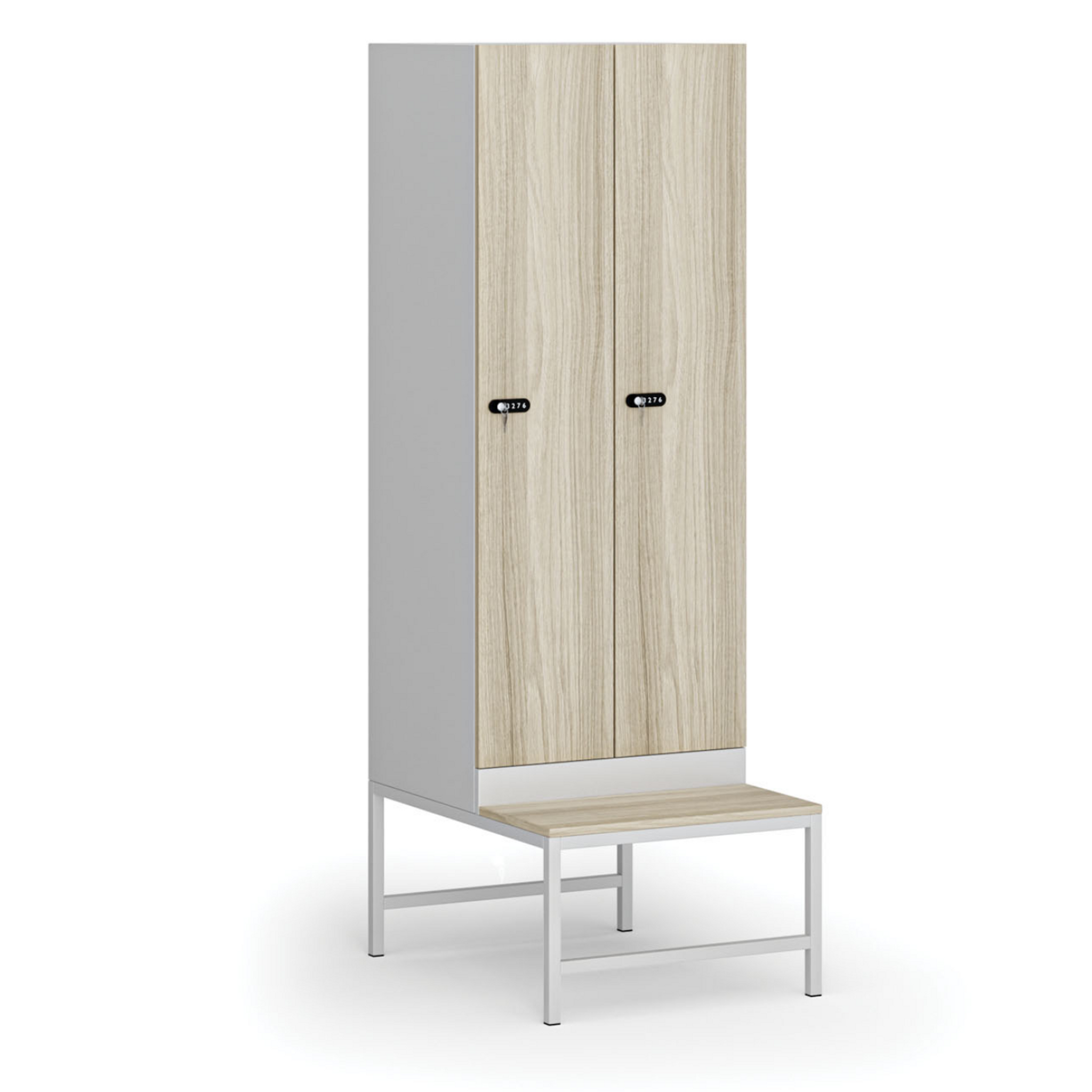Szafka ubraniowa z ławką, 2-drzwiowa, 1875 x 600 x 500/800 mm, zamek mechaniczny z kodem, drzwi laminowane, dąb naturalny