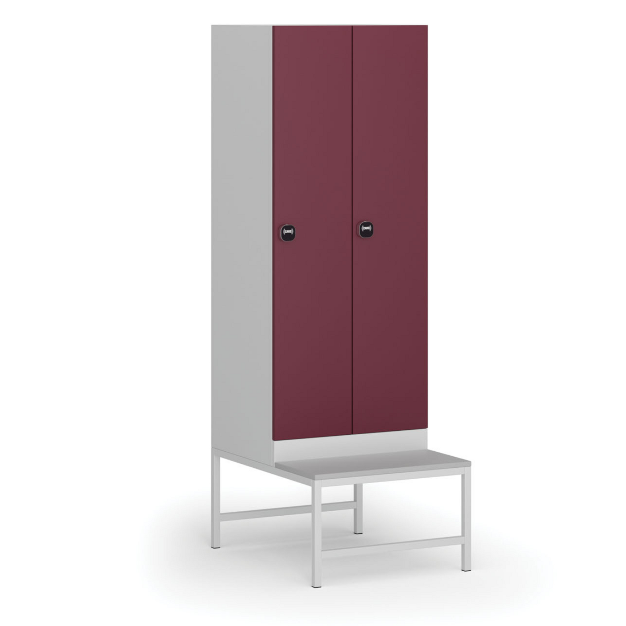 Szafka ubraniowa z ławką, 2-drzwiowa, 1875 x 600 x 500/800 mm, zamek RFID, drzwi czerwone