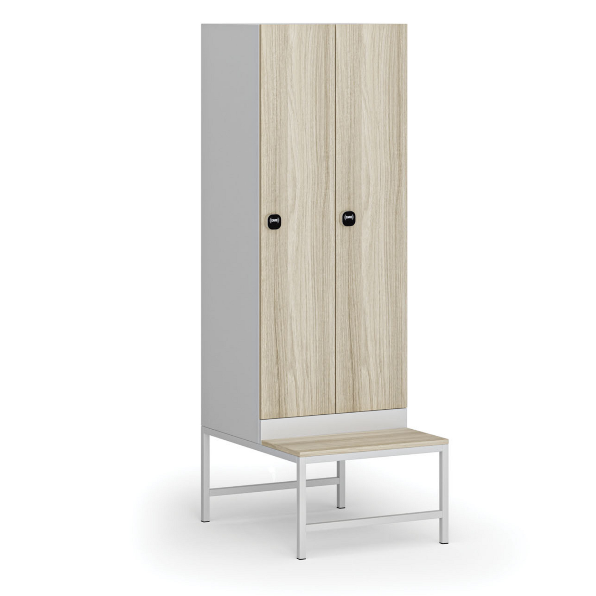 Szafka ubraniowa z ławką, 2-drzwiowa, 1875 x 600 x 500/800 mm, zamek RFID, drzwi laminowane, dąb naturalny