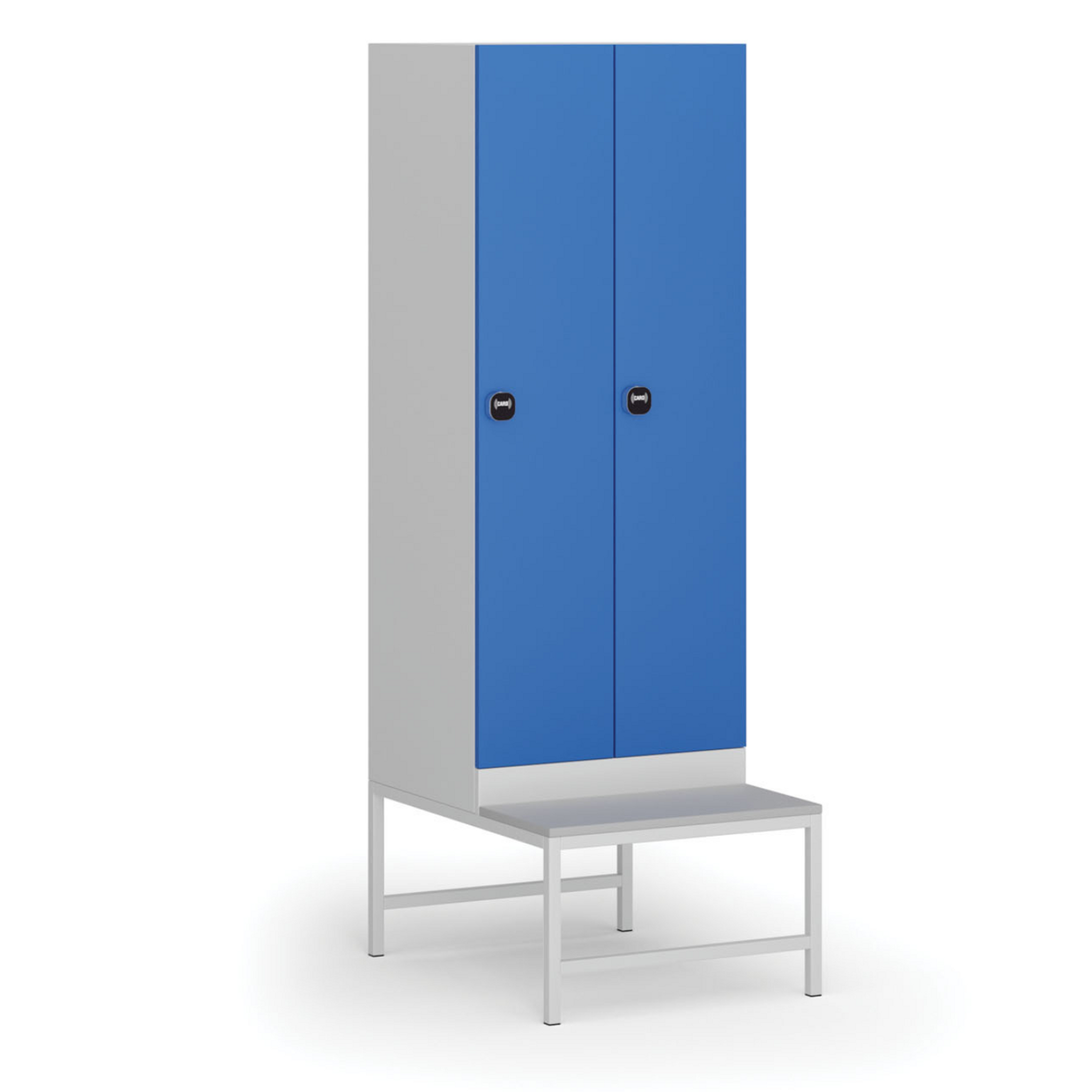 Szafka ubraniowa z ławką, 2-drzwiowa, 1875 x 600 x 500/800 mm, zamek RFID, drzwi niebieskie