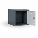 Szafka ubraniowa z schowkami zamykanymi 300 x 300 x 300 mm, zamek cylindryczny, ciemnoszary, drzwi niebieske