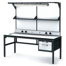 Antistatický dielenský ESD stôl, perfopanel, police, osvetlenie, 2 zásuvkový box na náradie, 1800x800x745-985 mm