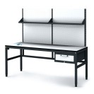 Antistatický dielenský ESD stôl s perfopanelom a policami, 1 zásuvkový box na náradie, 1800x800x745-985 mm