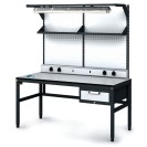 Antystatyczny stół warsztatowy ESD, panel perforowany, półki, oświetlenie, 1 skrzynka szufladowa na narzędzia, 1600 x 800 x 745-985 mm