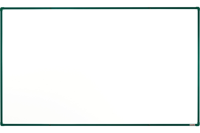 Bílá magnetická popisovací tabule s keramickým povrchem boardOK, 2000 x 1200 mm, zelený rám