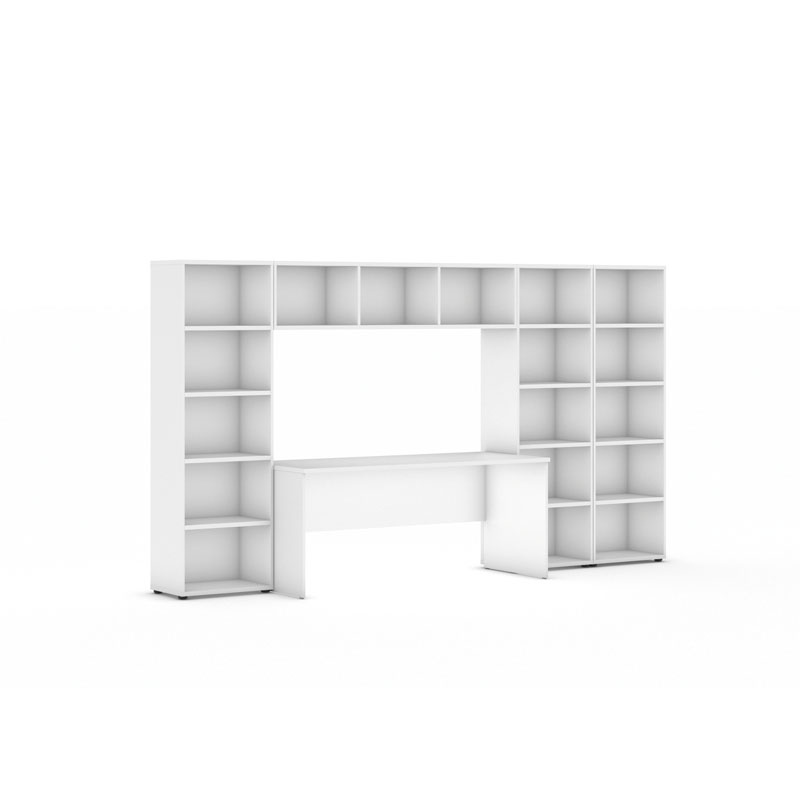 Bücherwand mit integriertem Tisch, niedrig/breit, 3350 x 700/400 x 1923, weiß