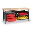 Dielenský pracovný stôl GÜDE, buková škárovka, 3 zásuvky, 1 polica, 1700 x 685 x 850 mm, antracit / červená