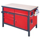 Dielenský pracovný stôl GÜDE Basic, 5 zásuviek, smrek + buková preglejka, 5 zásuviek, 1 skrinka, 1190 x 600 x 850 mm, antracit/červená