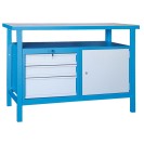 Dielenský pracovný stôl GÜDE Basic, smrek + buková preglejka, 3 zásuvky, 1 skrinka, 1190 x 600 x 850 mm, modrá